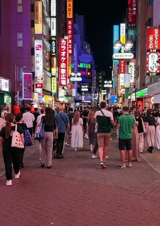 Evening street life documented across Shibuya's commercial district