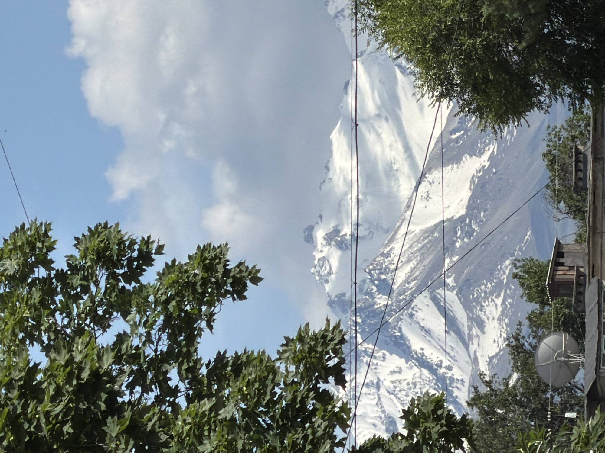 Snow-capped mountains visible through Bishkek's urban landscape