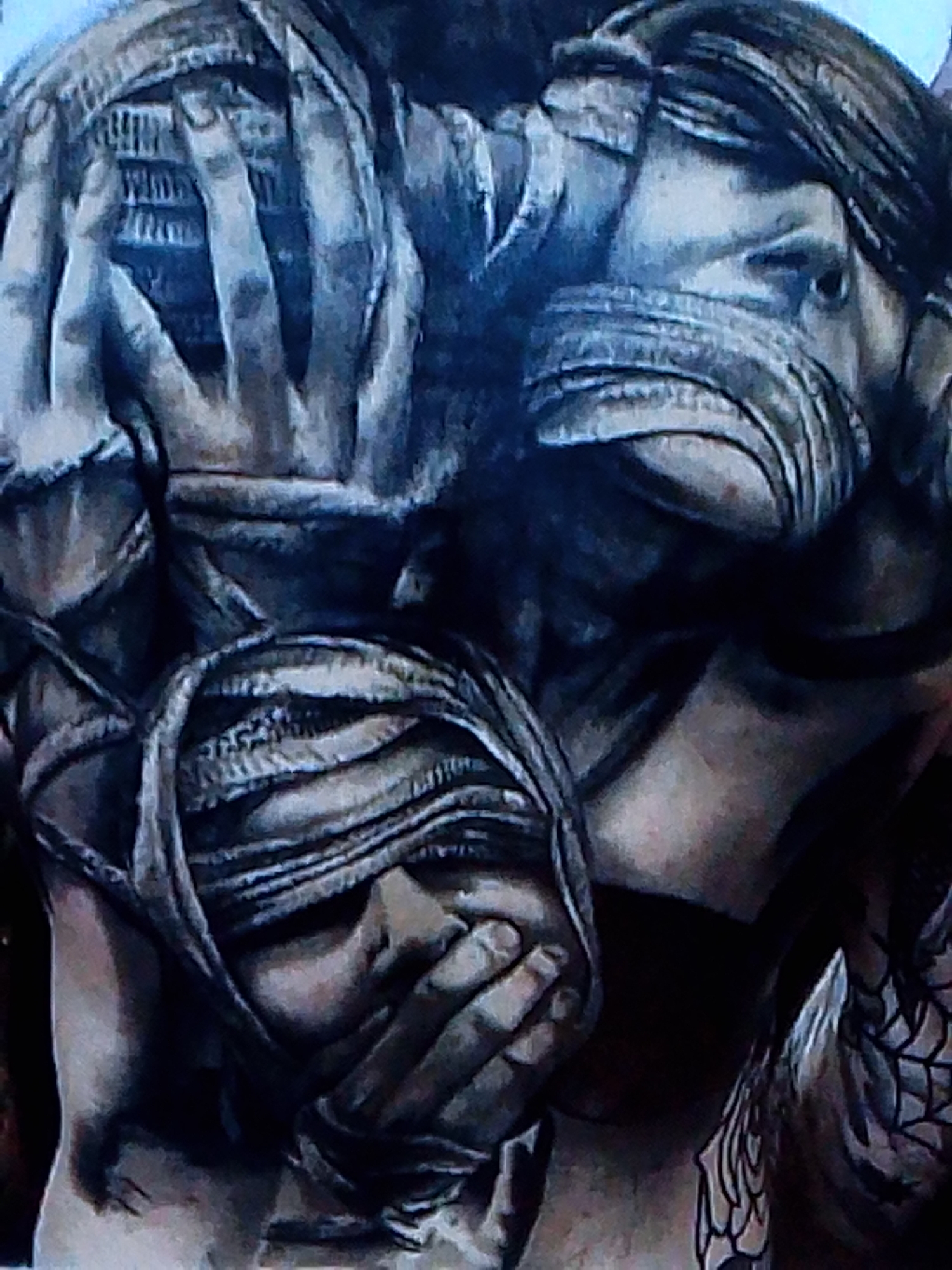 Detailed Japanese warrior back tattoos in black and grey ink