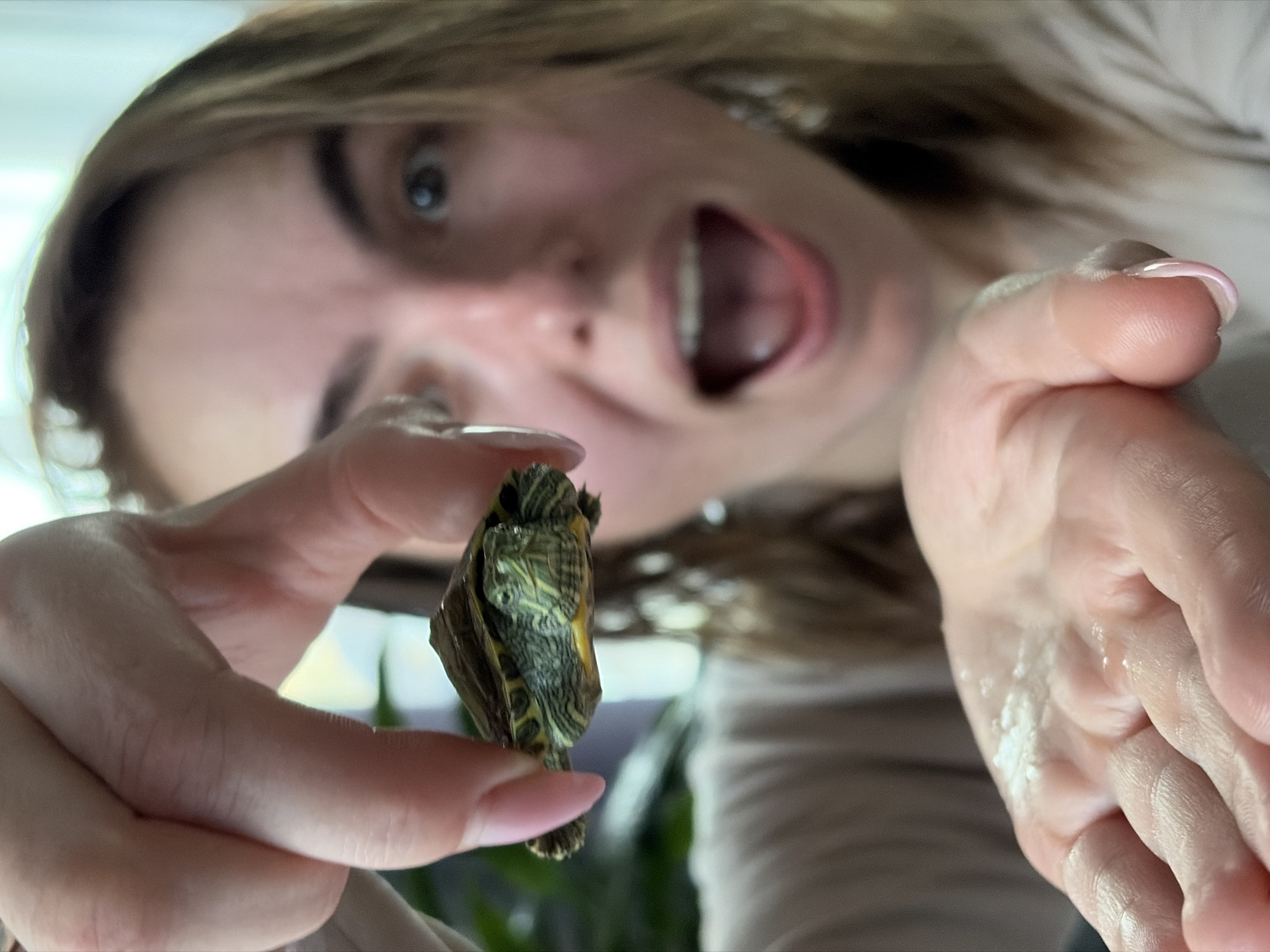 Woman plays with pet turtle in Russian village