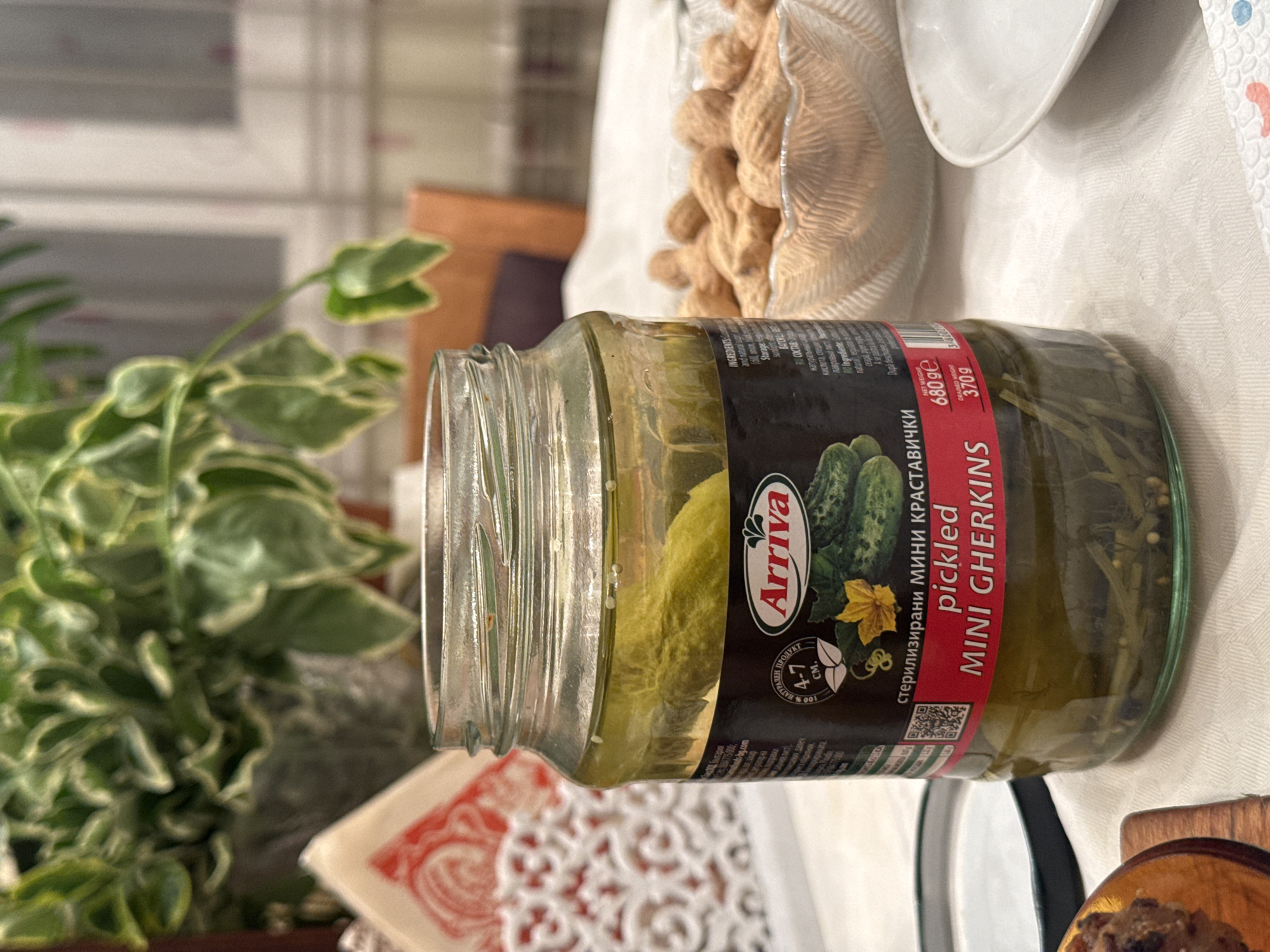 Pickled gherkins jar spotted on dinner table in Sofia