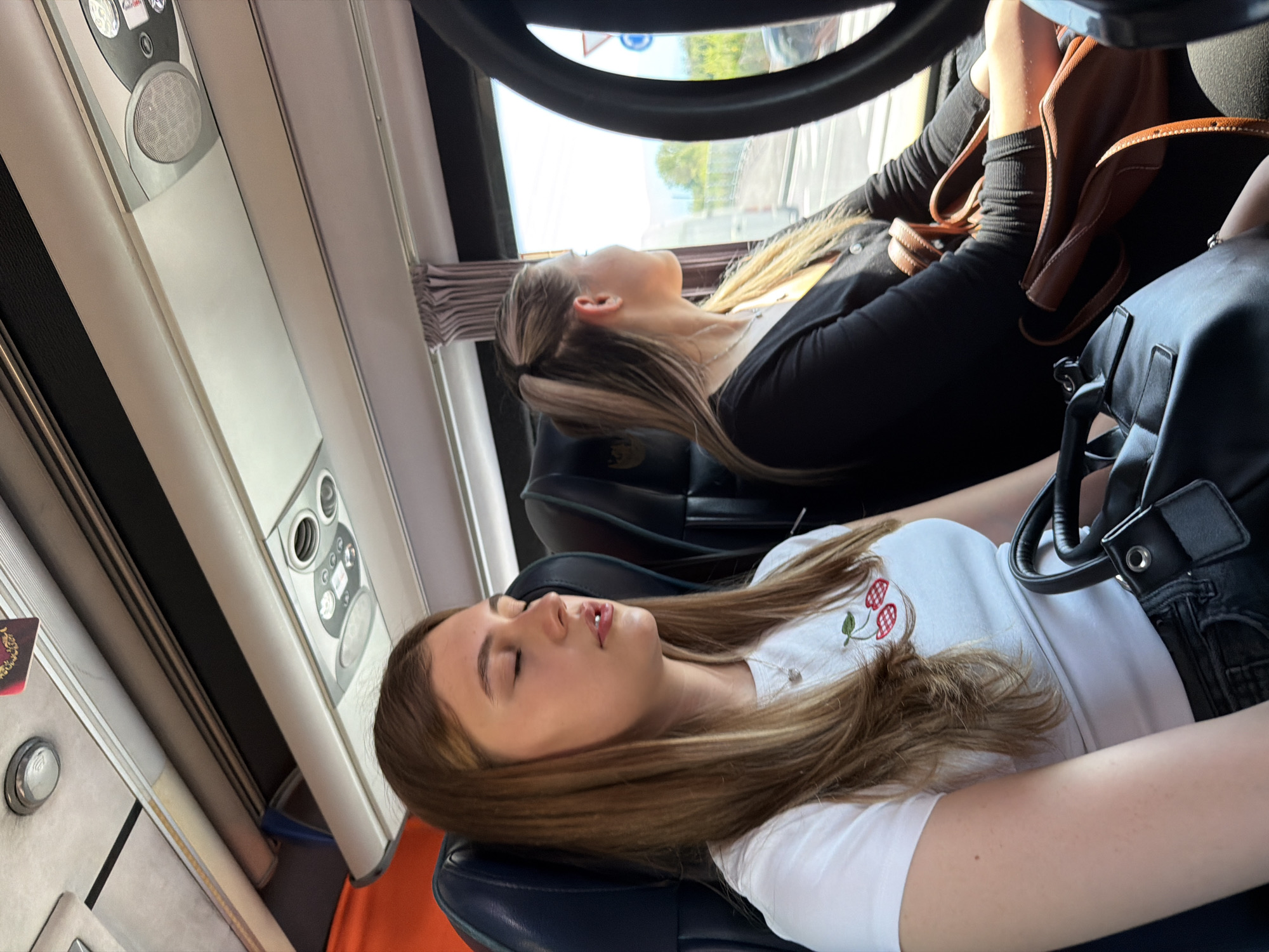 Two women rest on bus in Plovdiv, Bulgaria