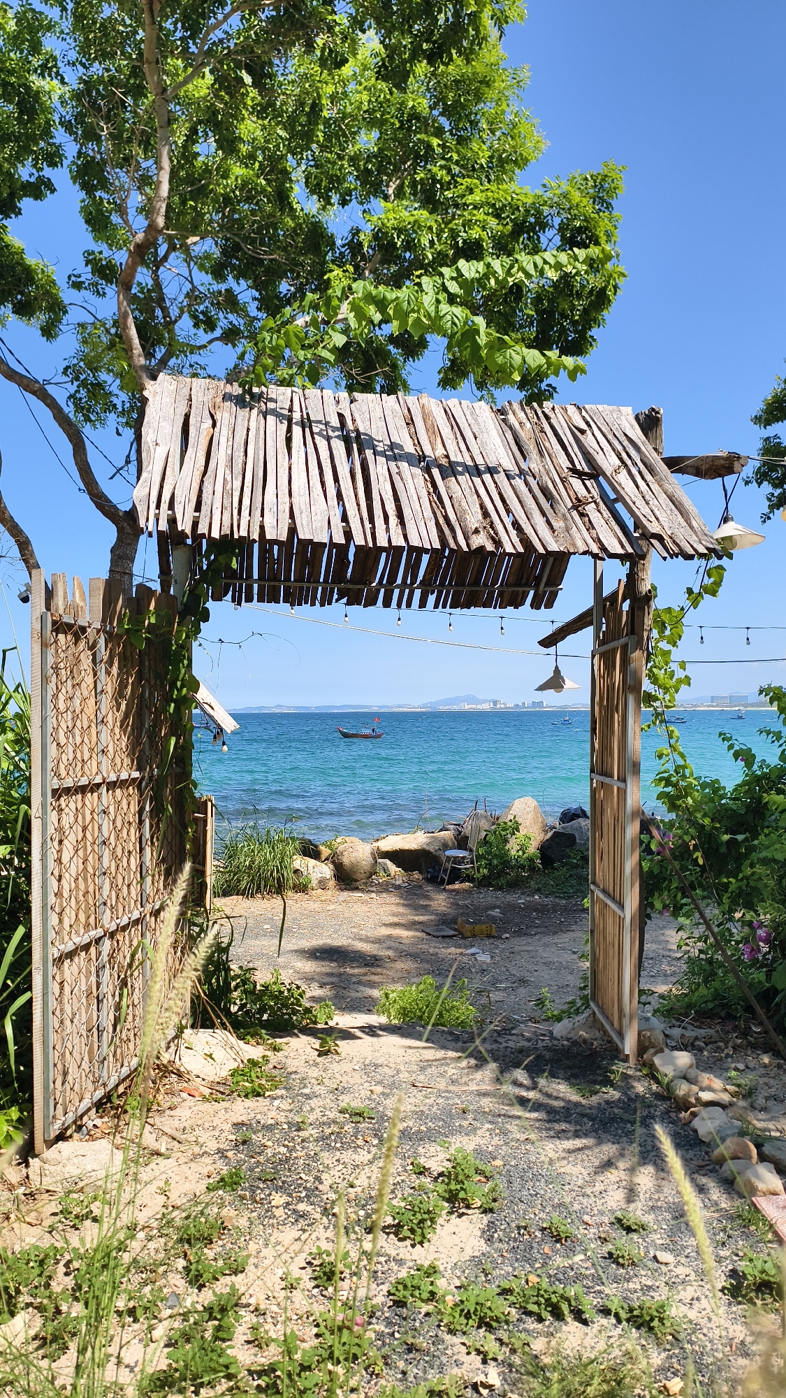 Quiet morning walk through a tropical beachside resort