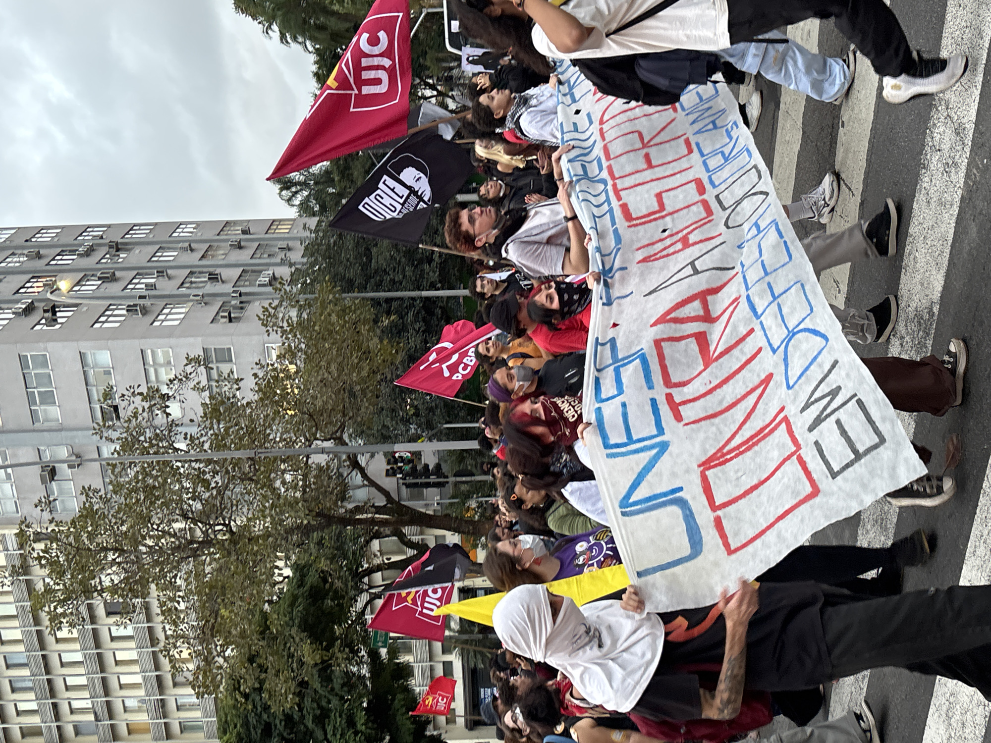 Student protesters march with UNE banners in São Paulo