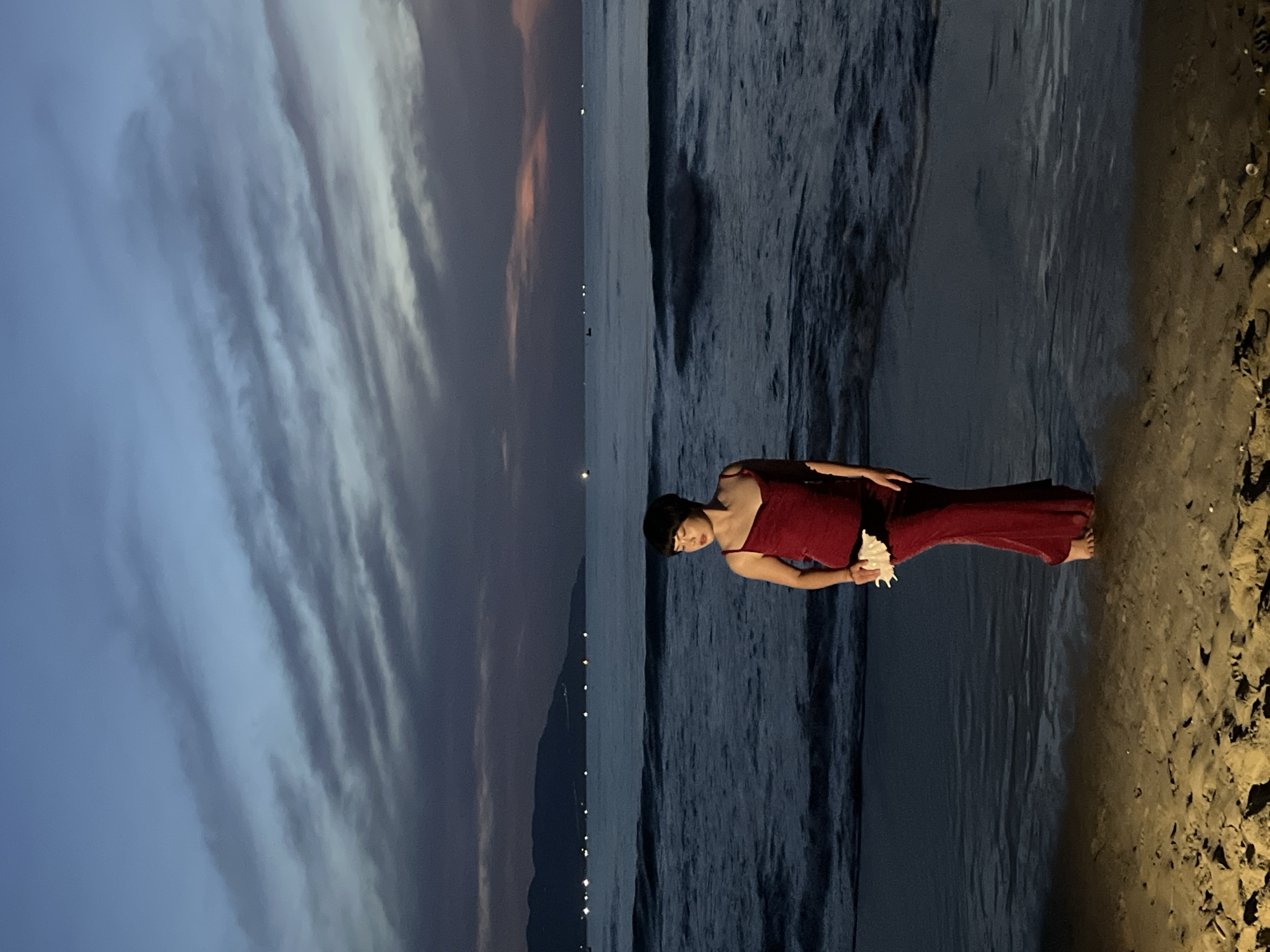 Dusk on a Đà Nẵng beach, red dress and fading light