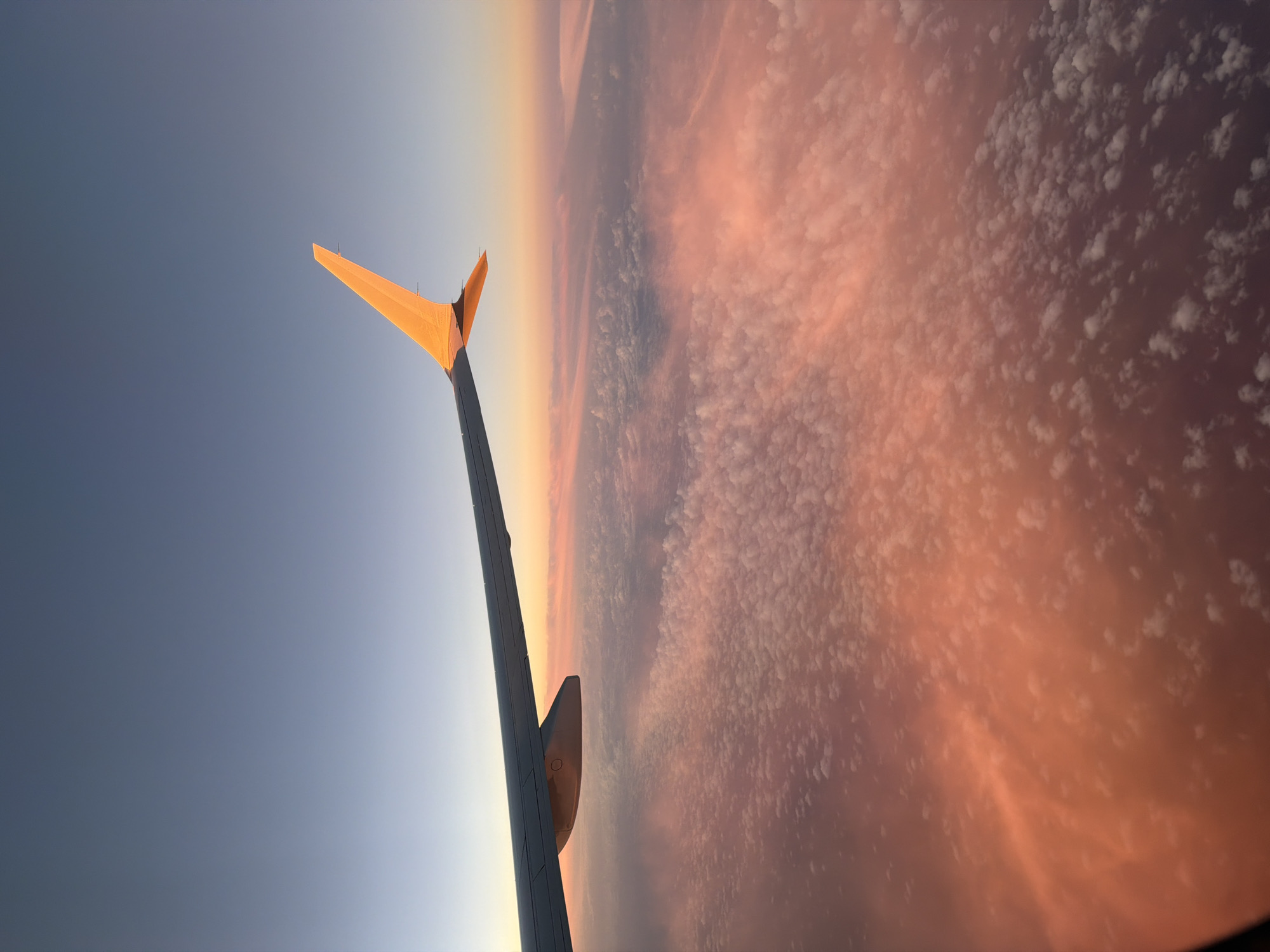 Passengers photograph airplane wing during sunrise or sunset flight