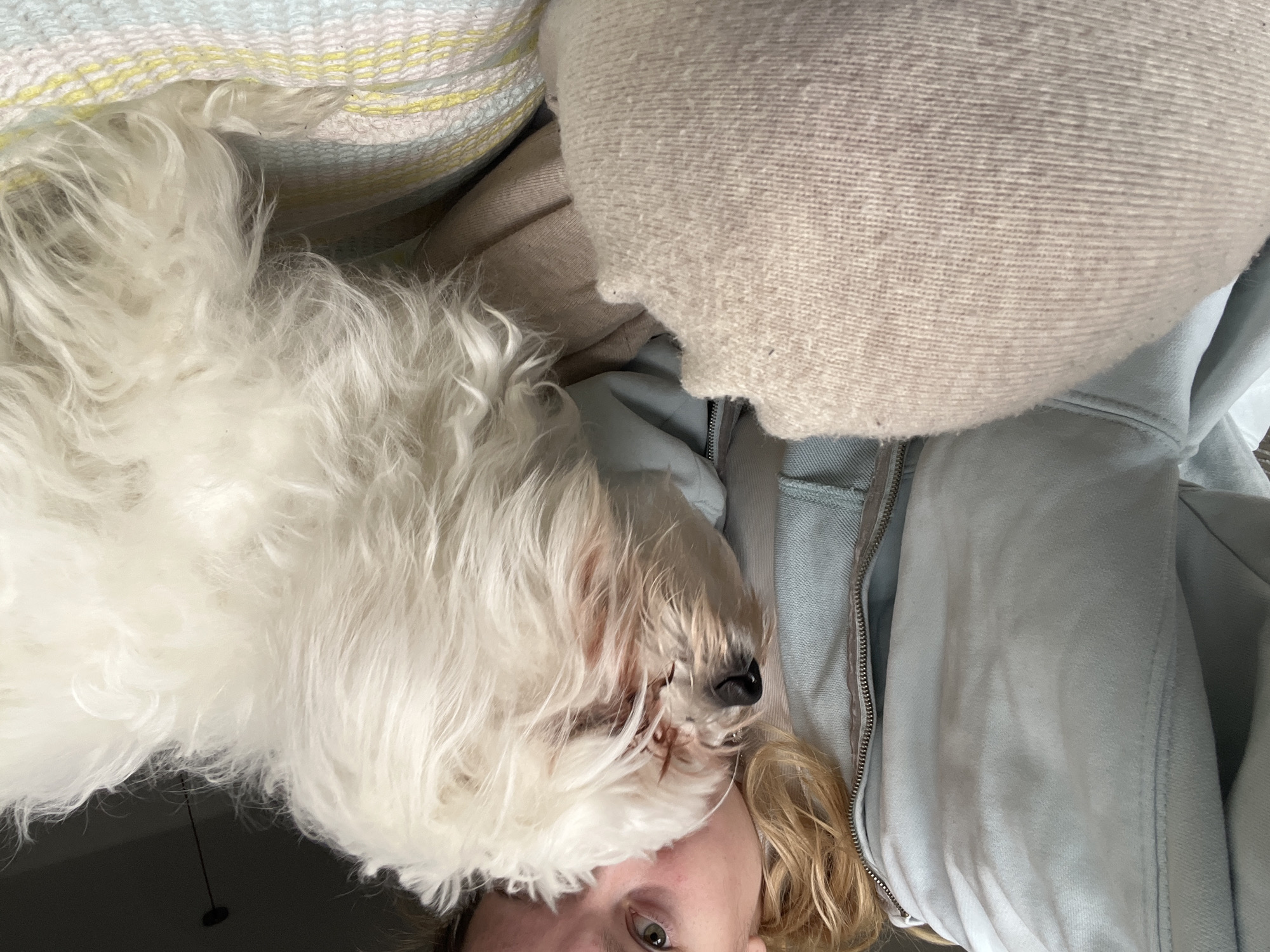 Woman poses with small white dog in Varna selfies