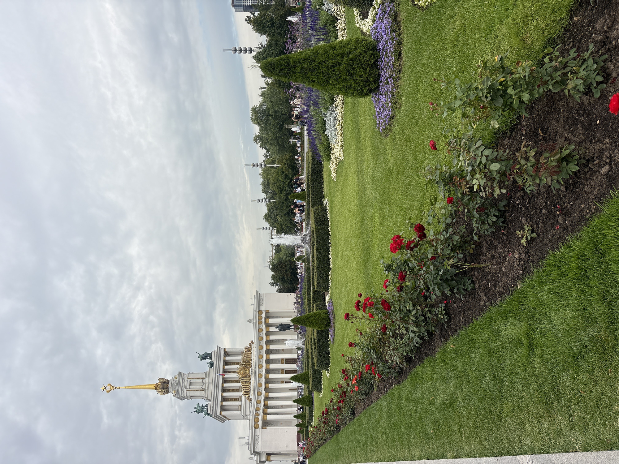 VDNKh pavilion and fountain on a cloudy Moscow day