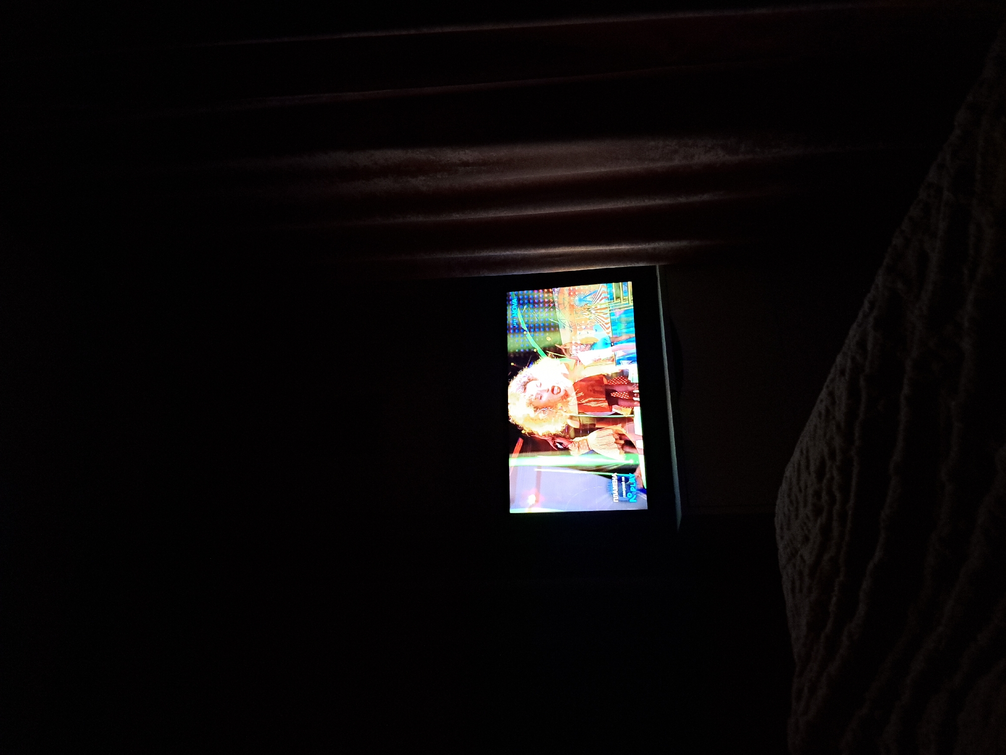 Evening at home with TV, dancing, stuffed rabbit