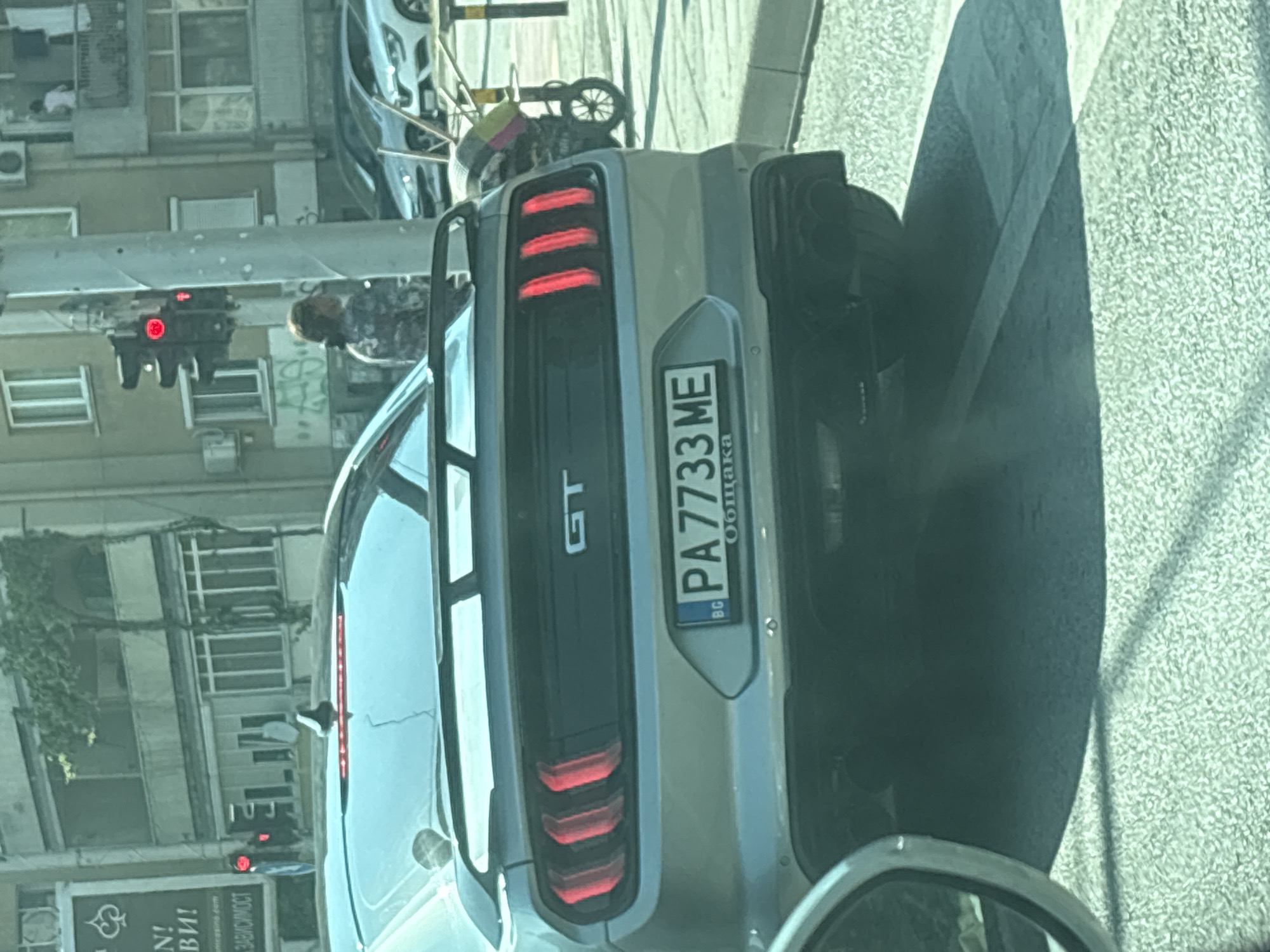 Silver Mustang GT stops at traffic light in Plovdiv