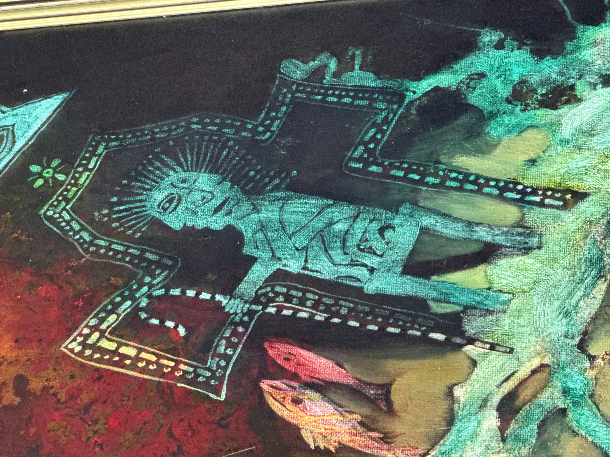Surreal painting with turquoise figures documented in Plovdiv