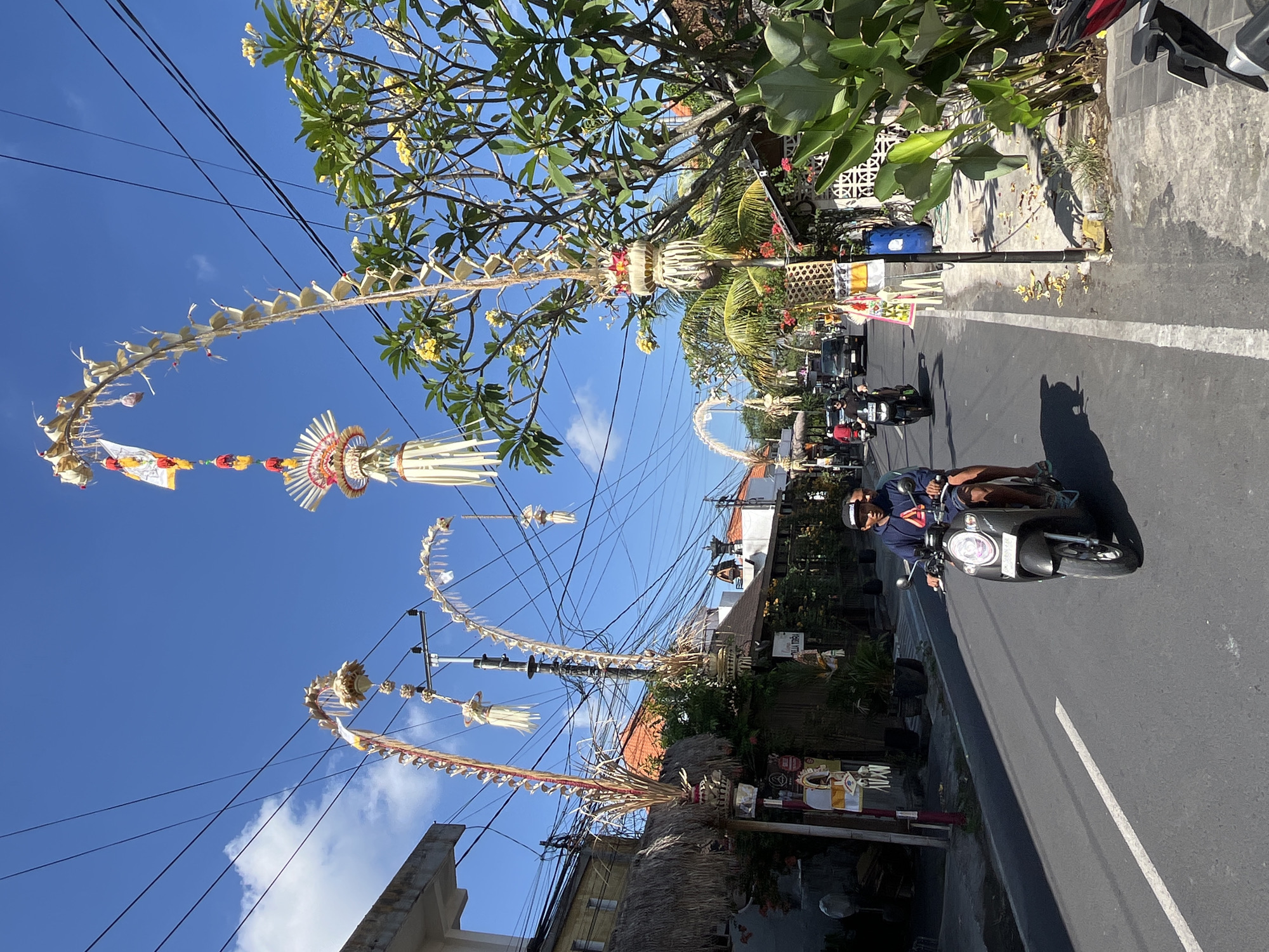 Everyday scooter traffic on a sunny Mengwi street
