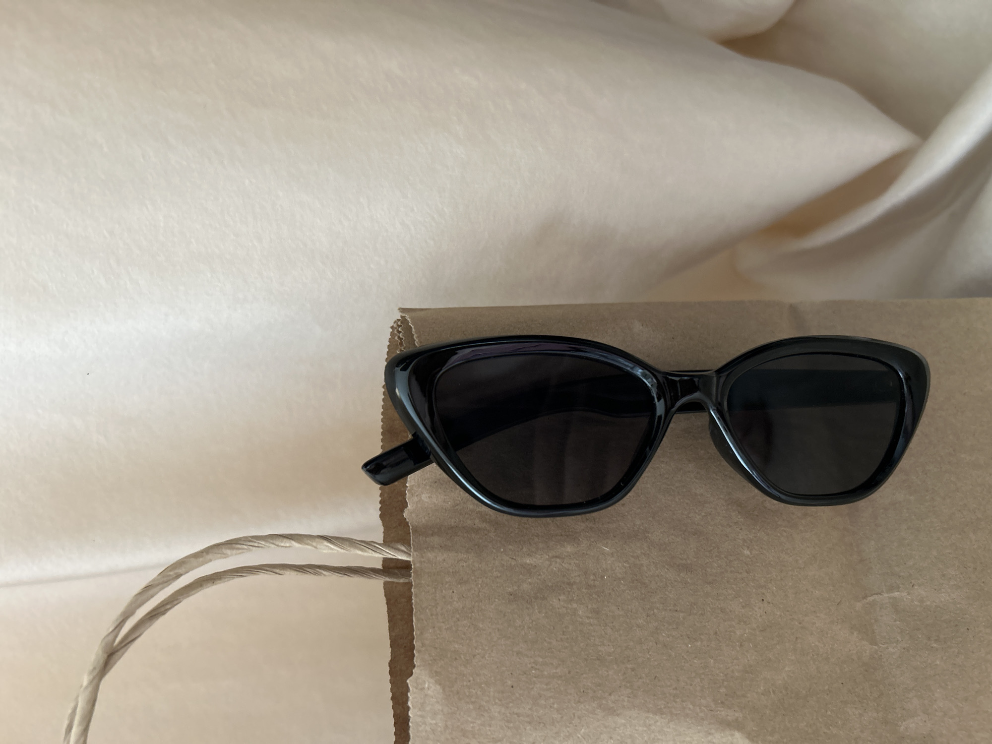 Black sunglasses photographed on paper bag in Ufa