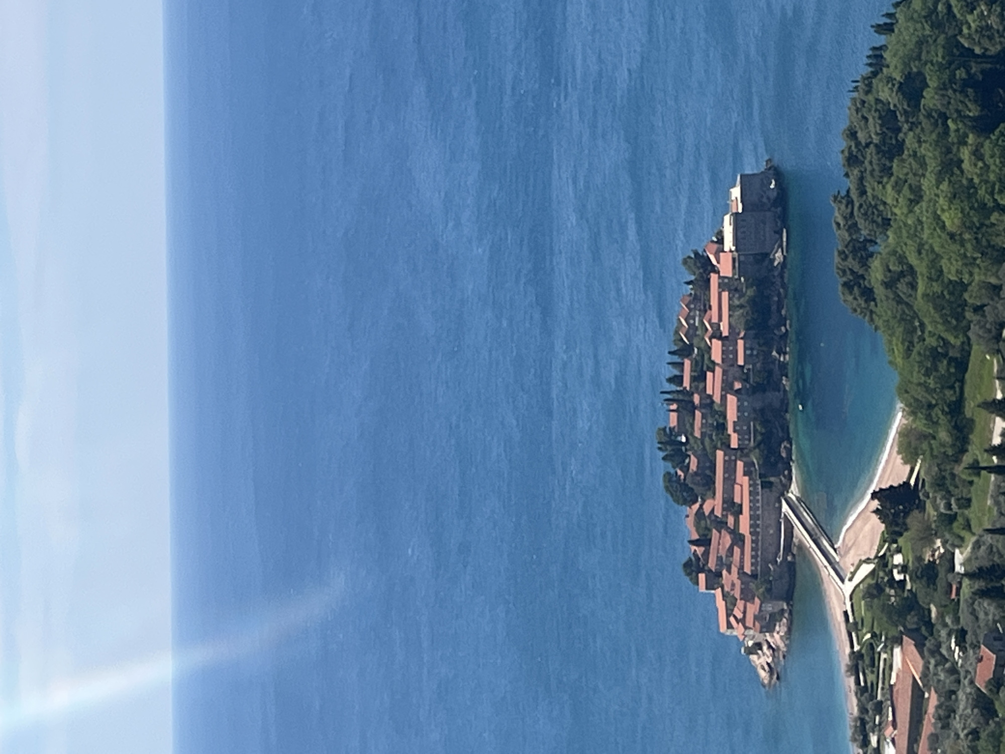 Aerial view captured of Sveti Stefan luxury resort islet
