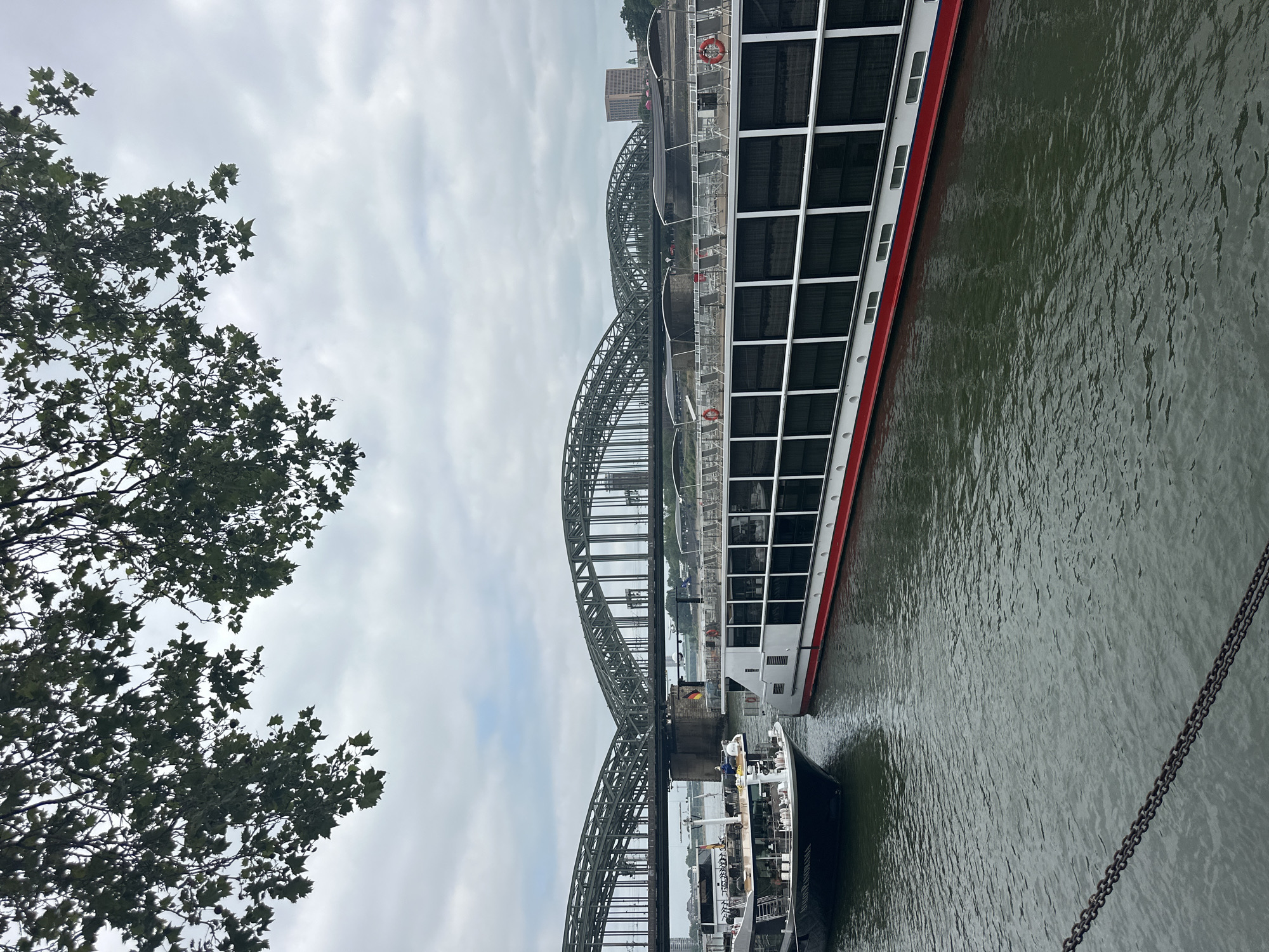 Cologne Cathedral and Rhine riverfront on a cloudy morning