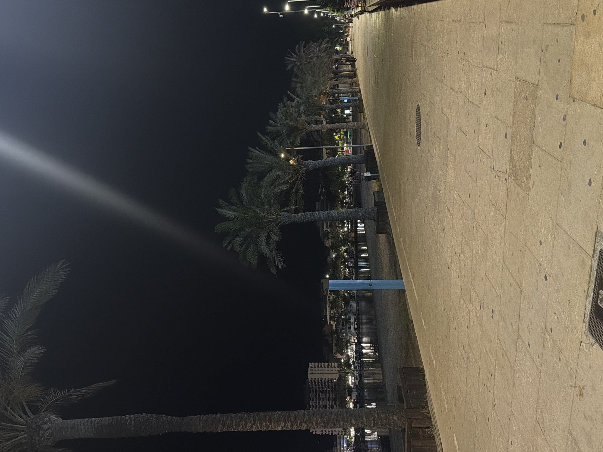 Sant Antoni de Portmany waterfront at night, orange moon overhead