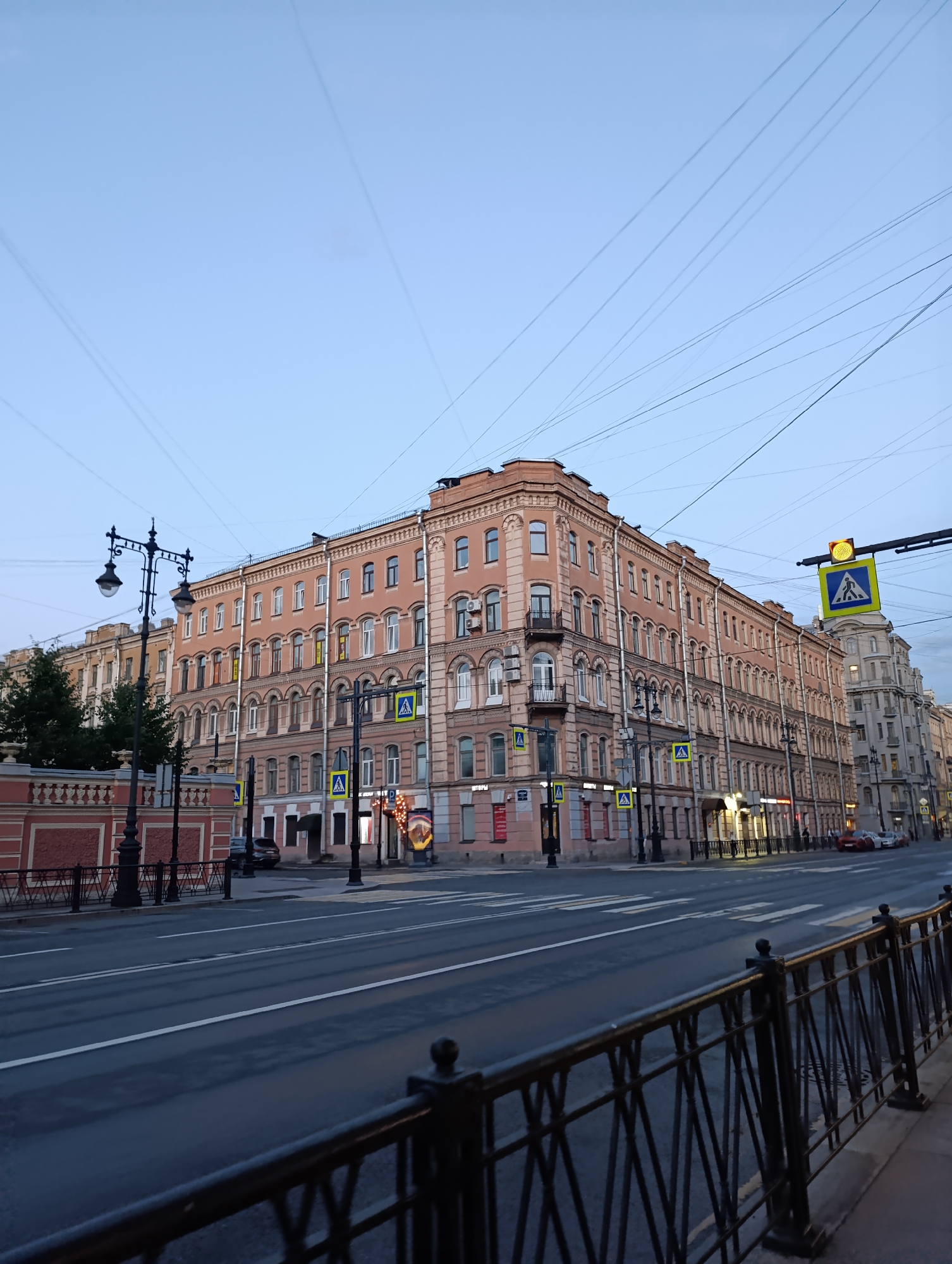 Saint Petersburg streets and storefronts during a June dusk