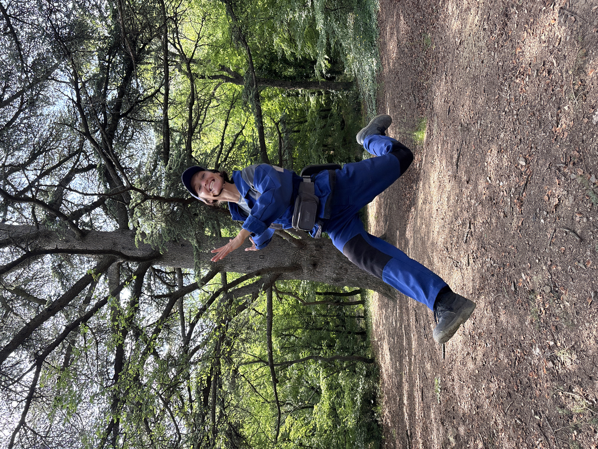 Workers take break for playful moments in Ukrainian forest