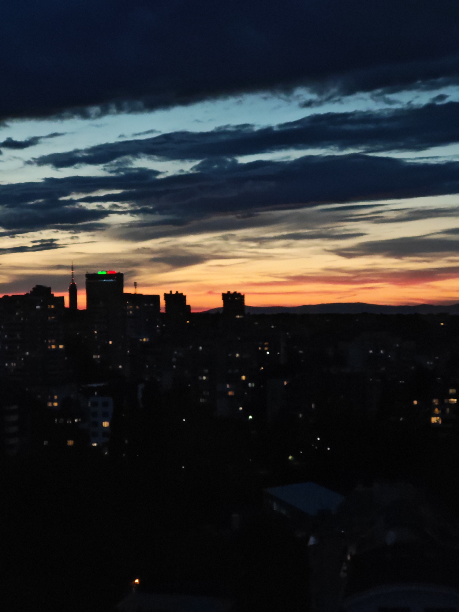 Sofia evening skyline and construction documented during colorful sunset
