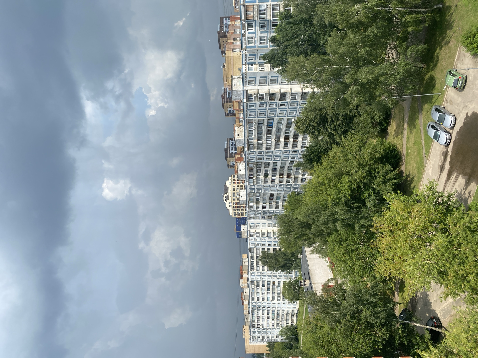Brutalist apartment blocks and greenery in Dubna, Russia