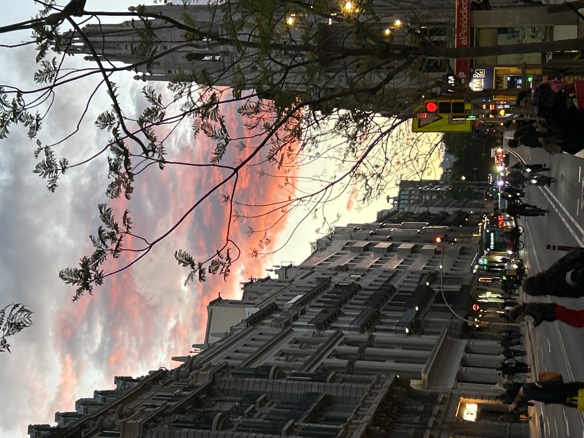 Dusk street scenes captured in Barcelona showing sunset sky