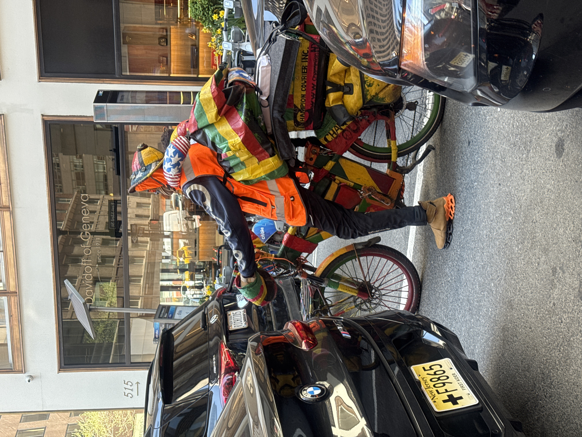Delivery cyclist with flag hat spotted in New York