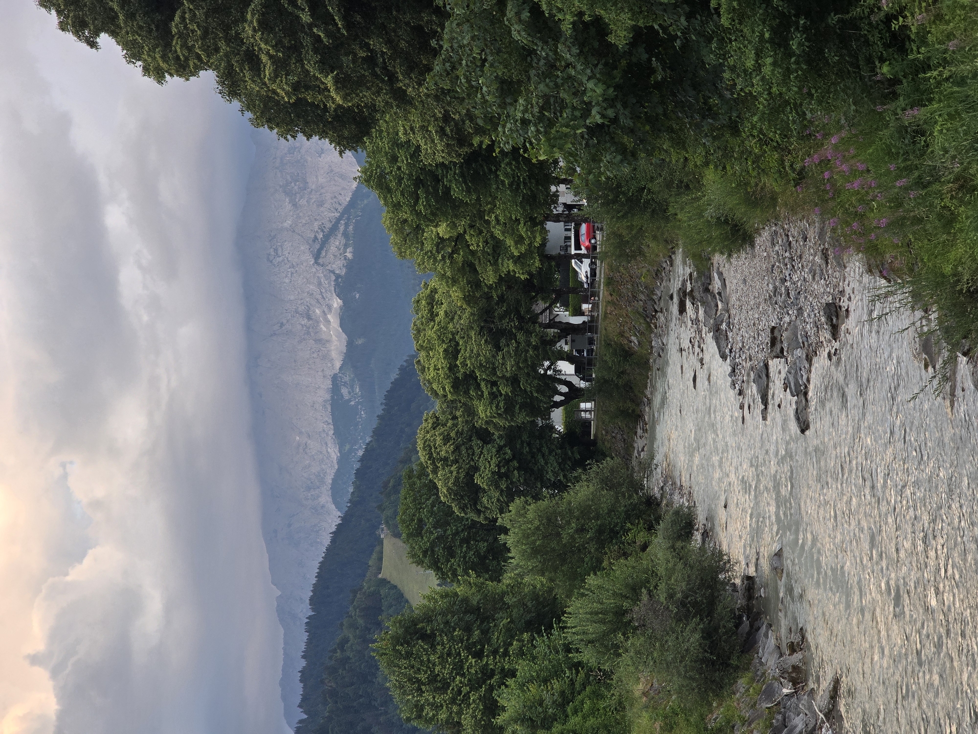 Garmisch-Partenkirchen rivers and Alpine village scenery on a grey summer evening