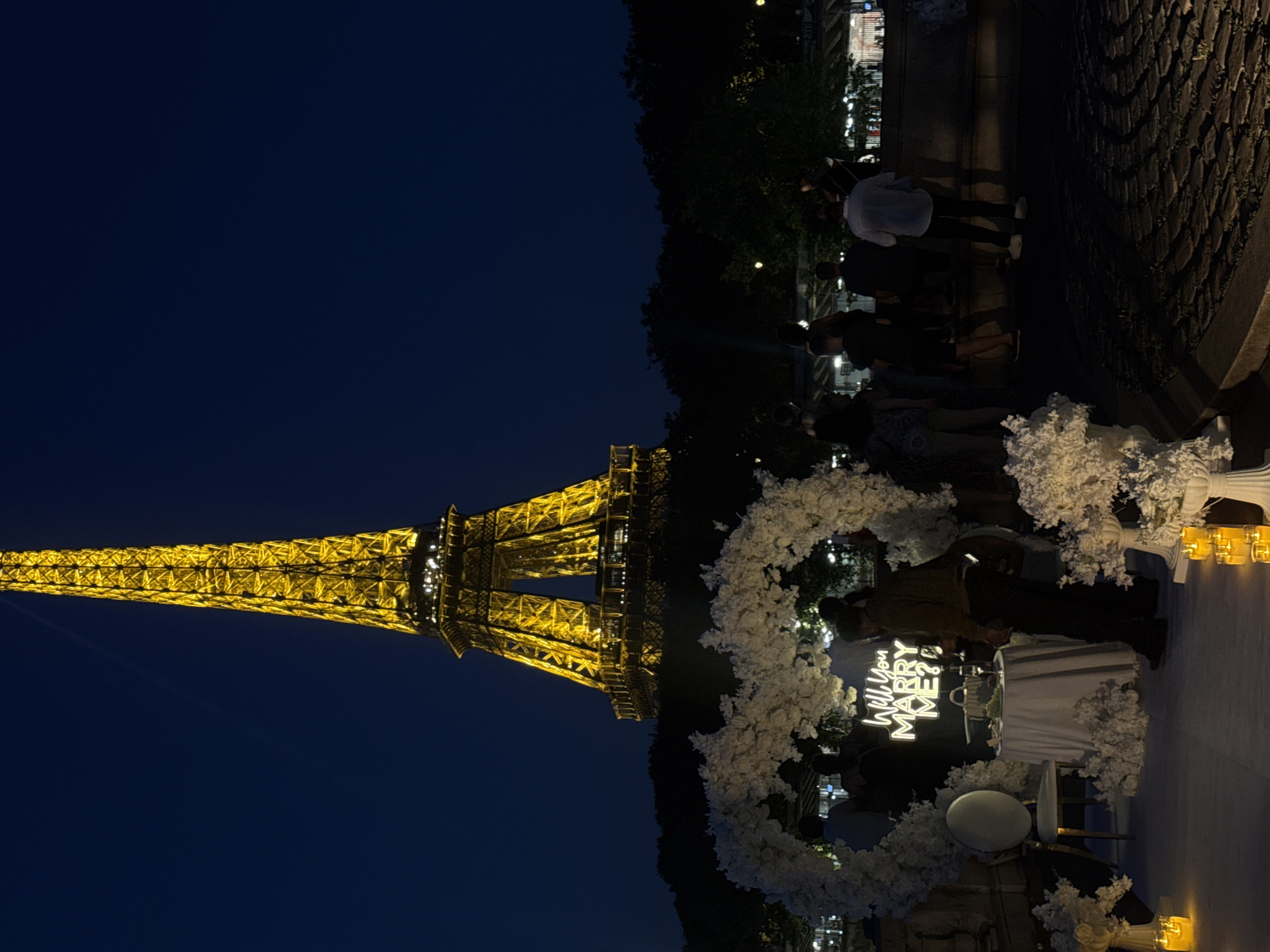 Nighttime proposal setup at Champ de Mars, Eiffel Tower glowing behind