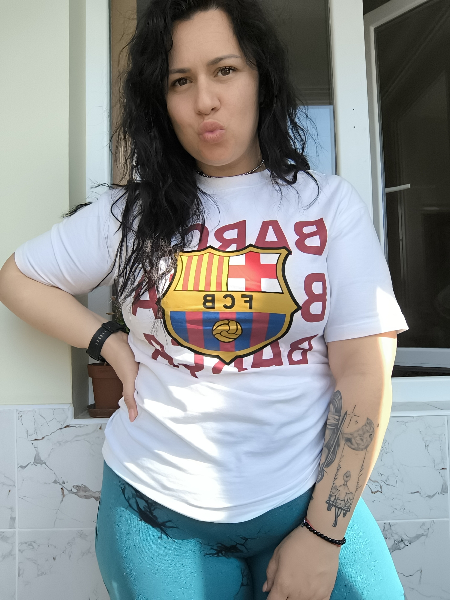 Woman poses in Barcelona shirt in Pleven, Bulgaria