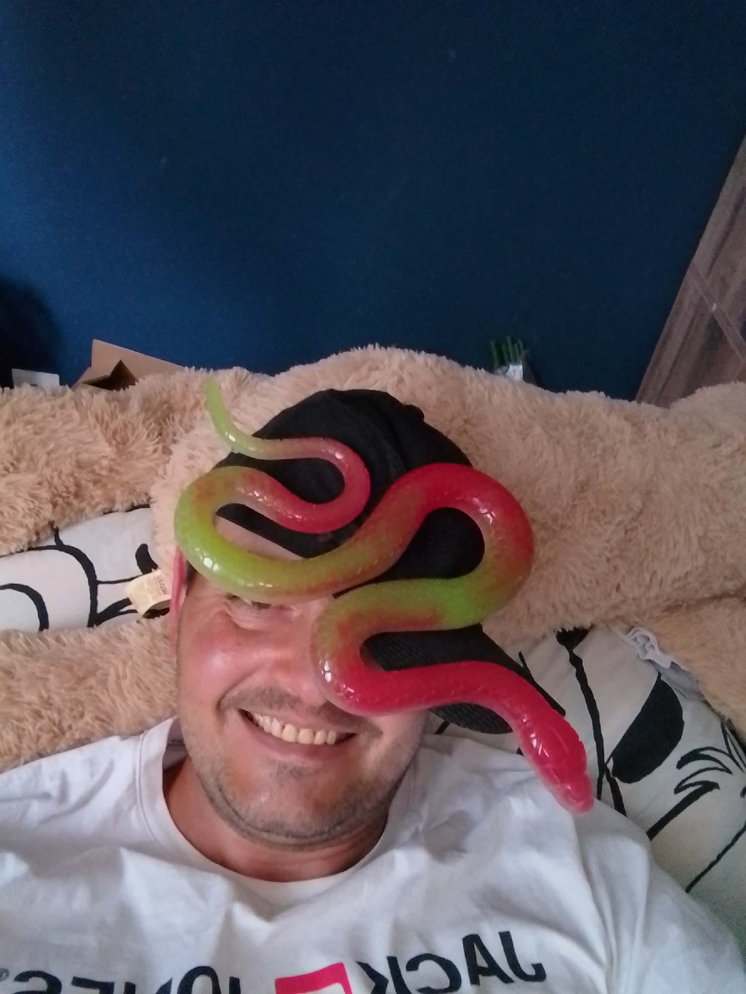 Toy snakes and candy goofing around in a Wedel bedroom