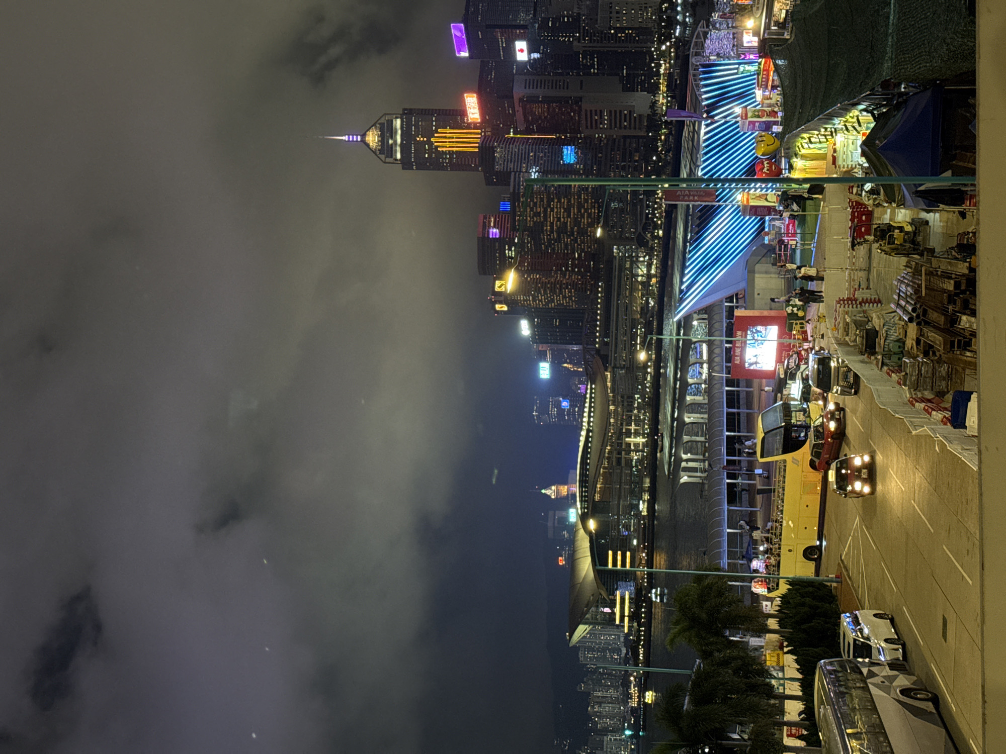 Hong Kong skyline captured at night with illuminated observation wheel