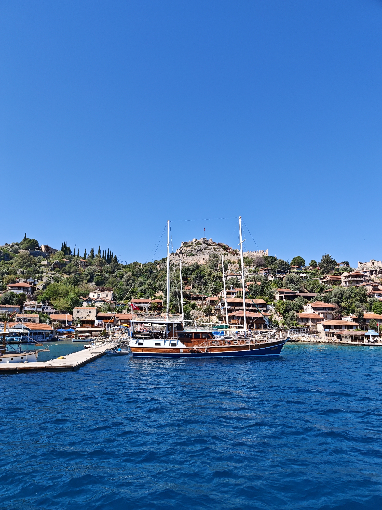 Boat captures scenic coastal views near historic fortress in Demre