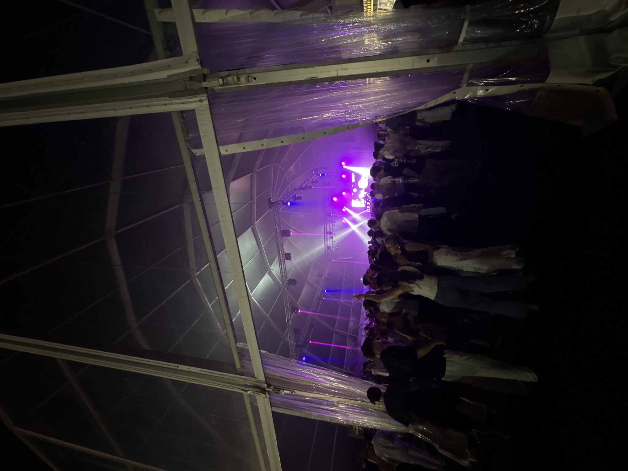Late-night DJ event under a geodesic tent in Sanxenxo