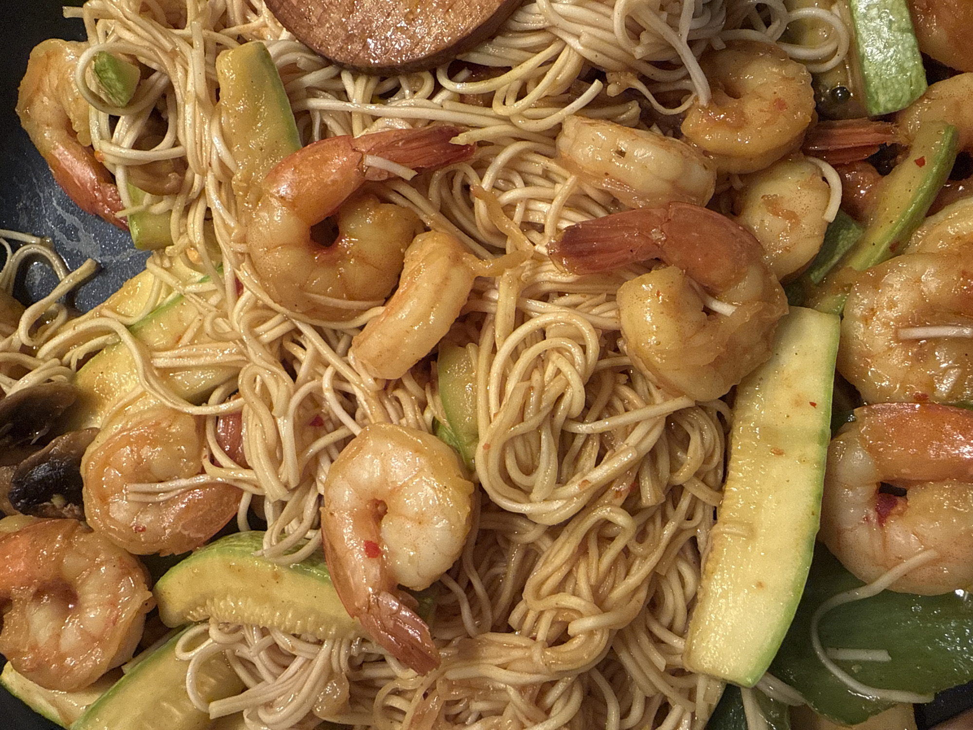 Noodle dish with shrimp and zucchini documented May 8