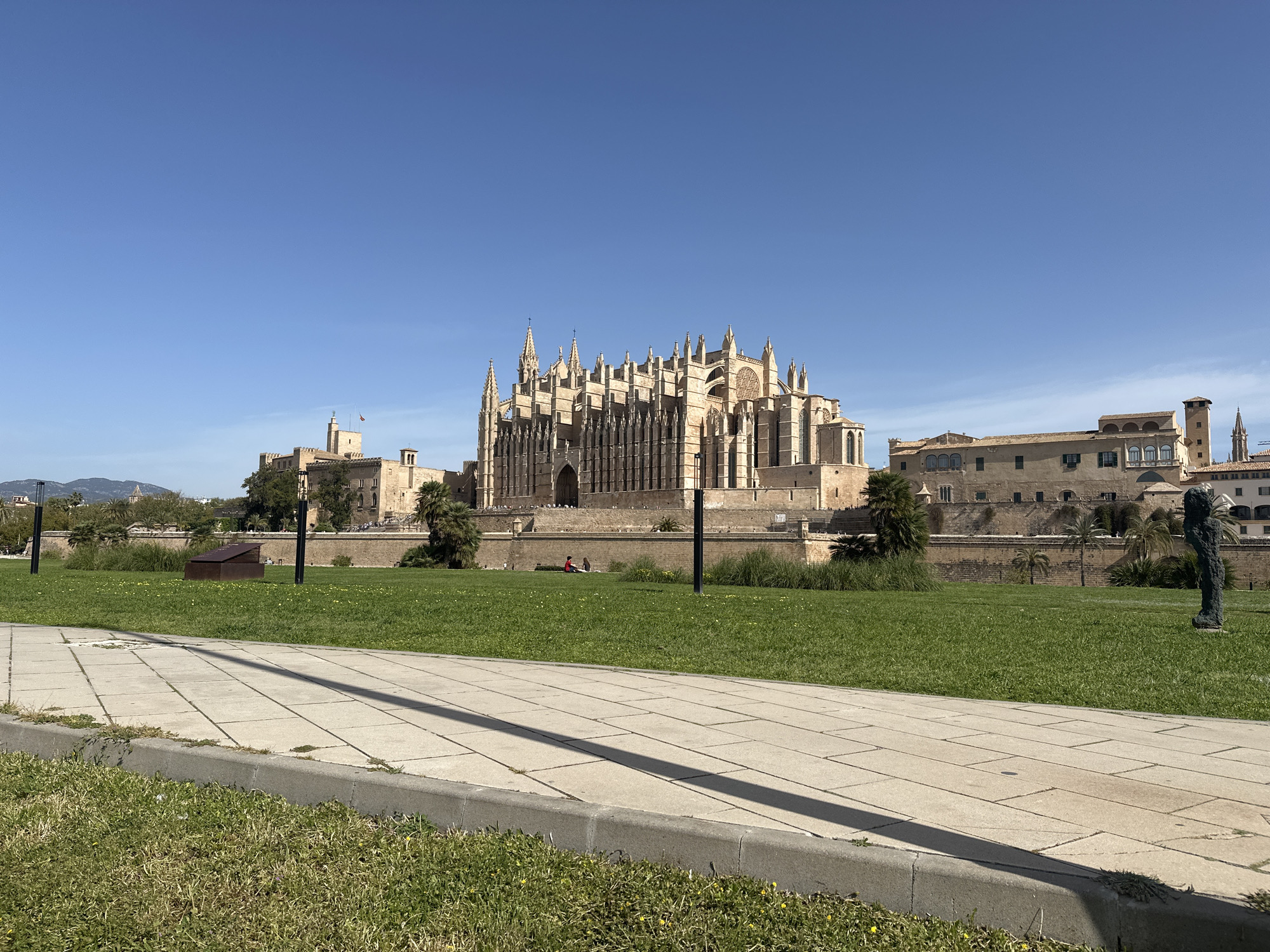 Morning traffic flows past cathedral in Palma de Mallorca