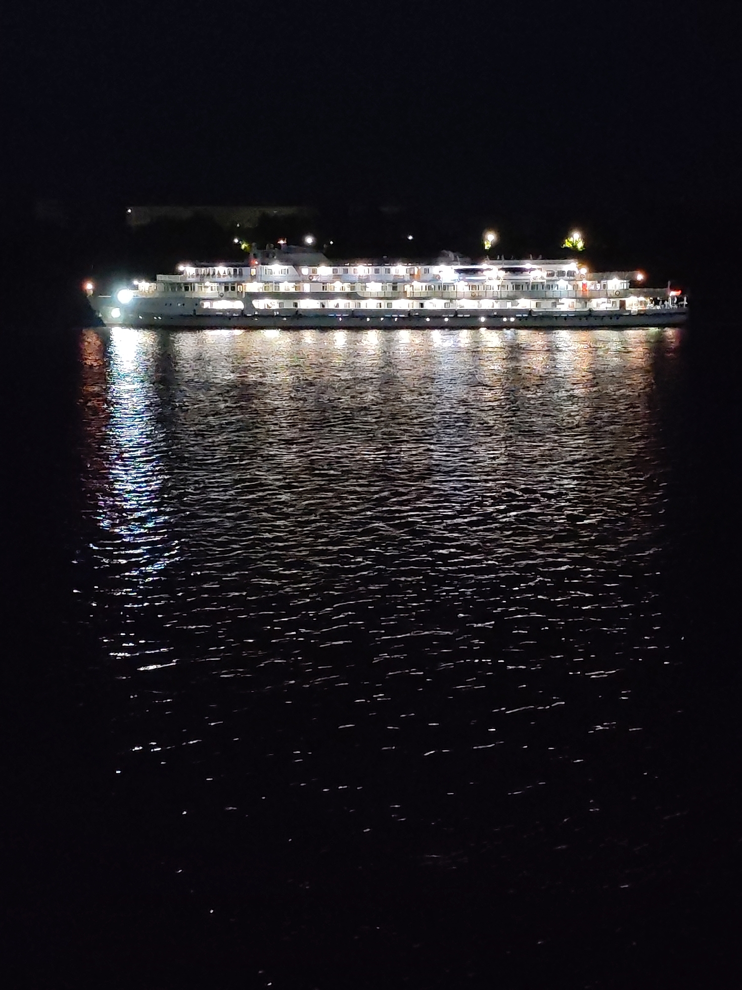 Cruise ship moves through a foggy Russian port at night