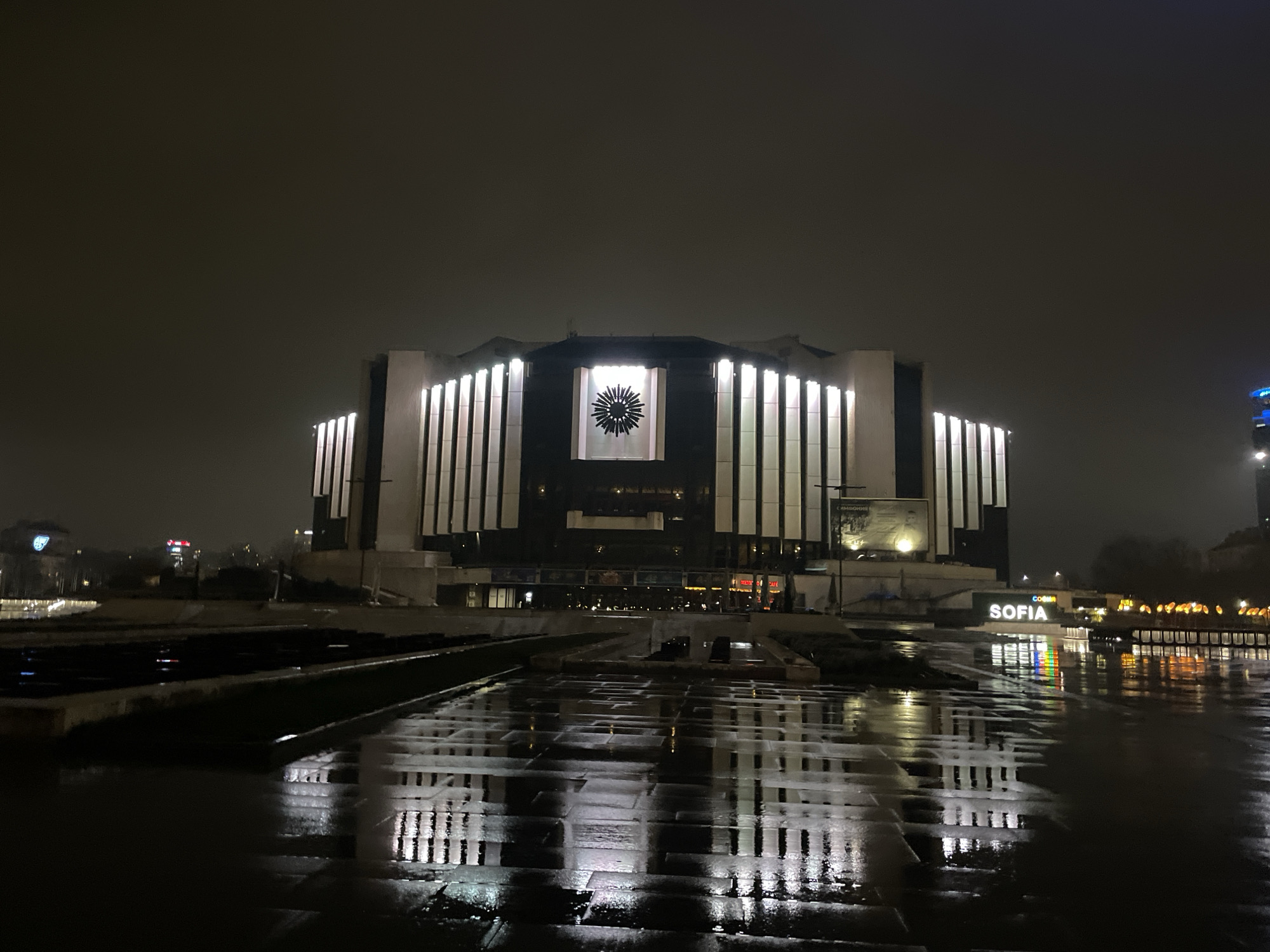 Evening scenes around Sofia's National Palace of Culture district