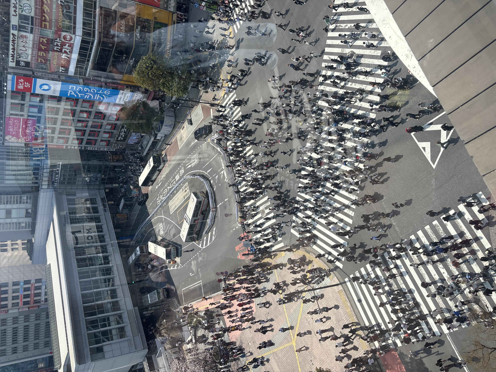 Aerial view captures busy pedestrian crossing at Shibuya intersection