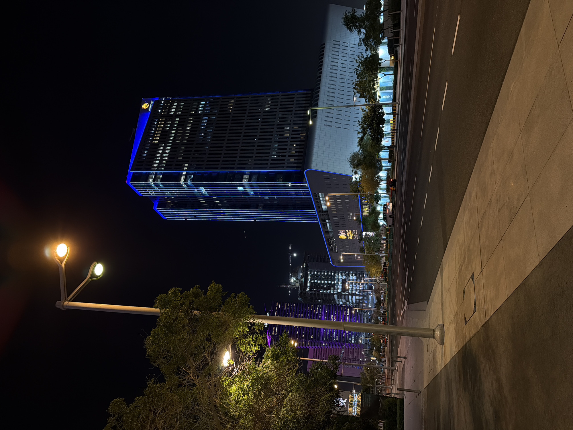 Evening documentation captures illuminated modern architecture across Lusail, Qatar