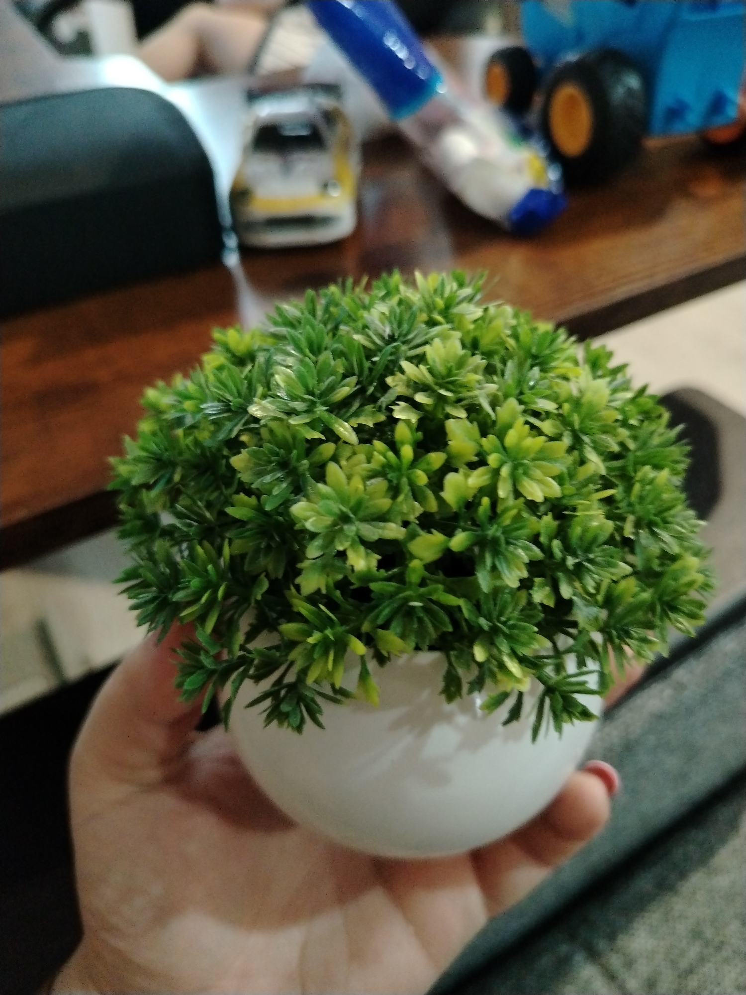 Person holds artificial plant in white pot, Rusanovo