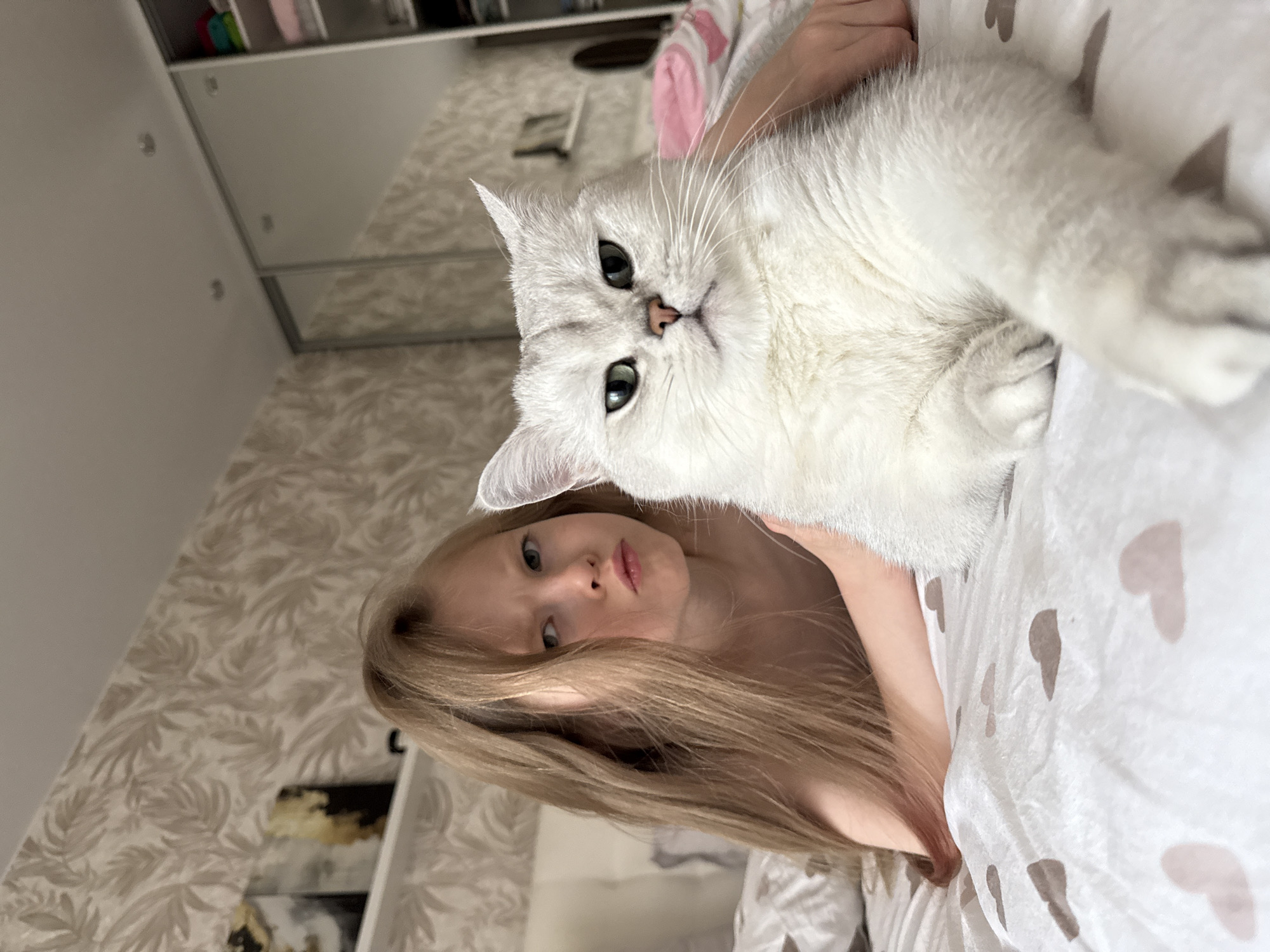 Child cuddles with gray cat during quiet morning in Izhevsk