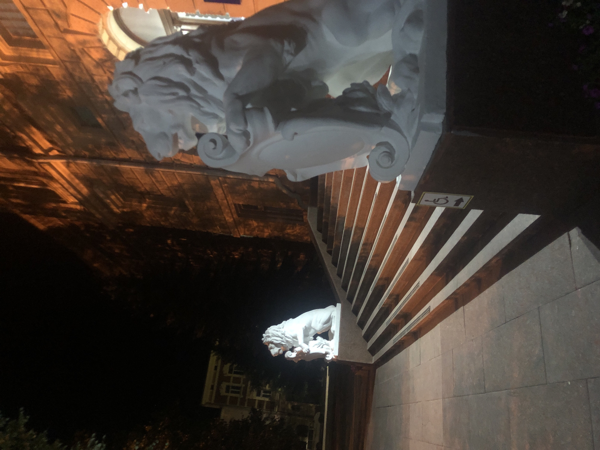 Night stroll past Chernivtsi's theater and lion sculptures