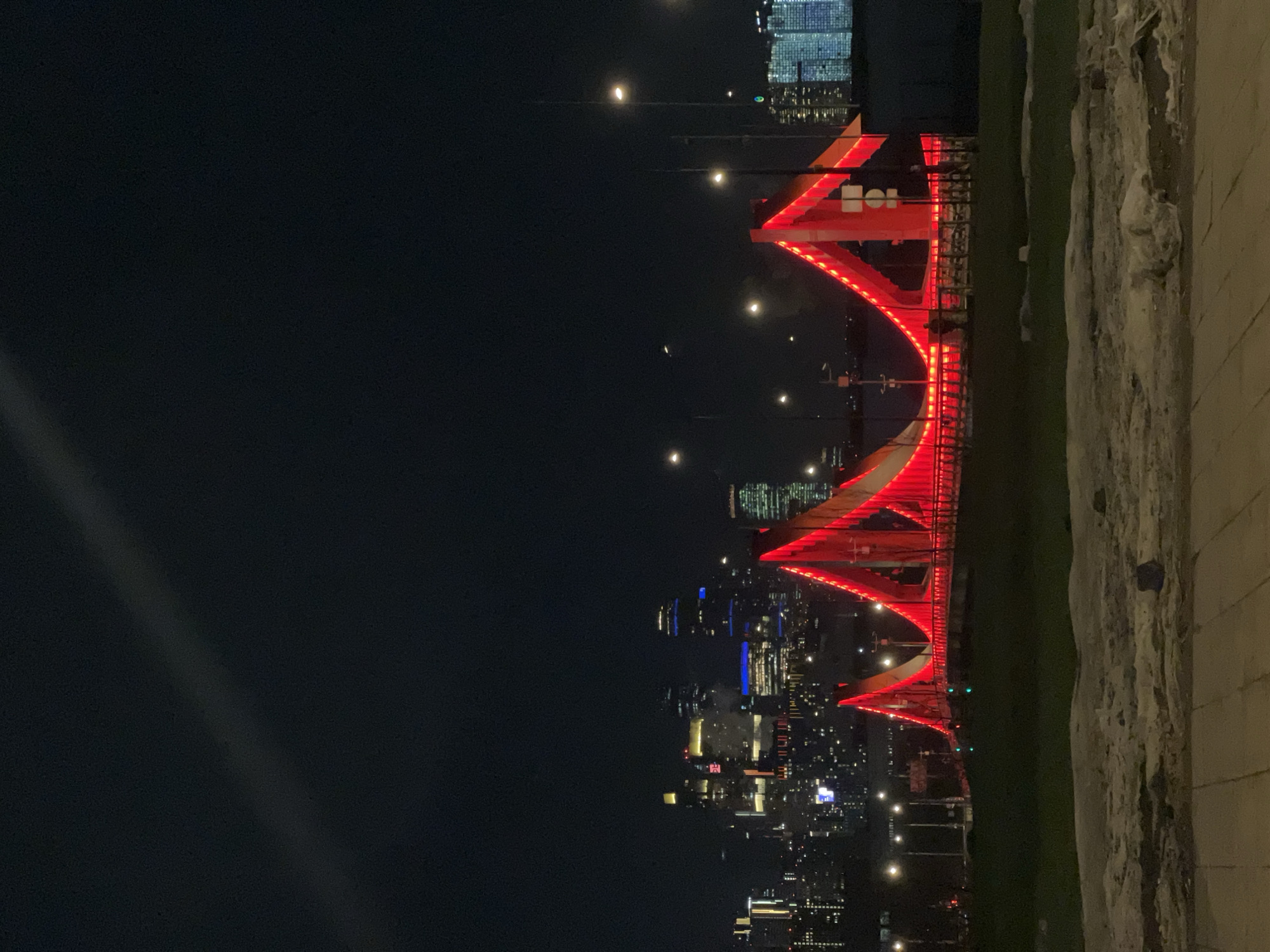 Red illuminated bridge observed at night in Moscow