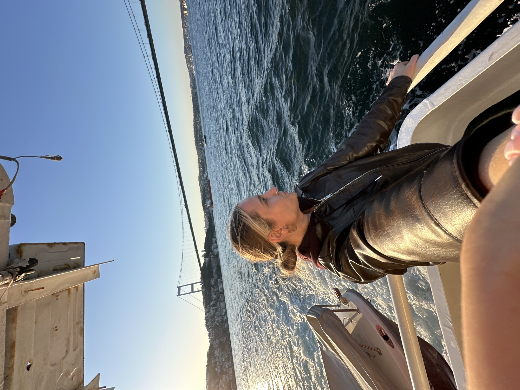 Woman takes selfies on Bosphorus boat ride near Istanbul