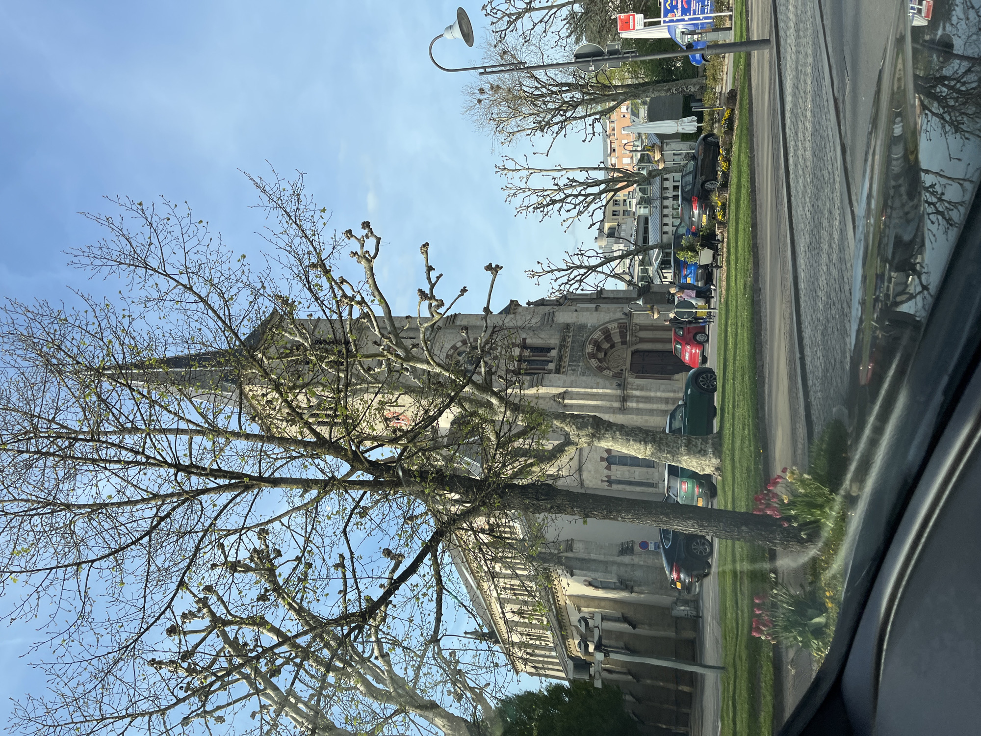 Church photographed from vehicle in Bettembourg, Luxembourg