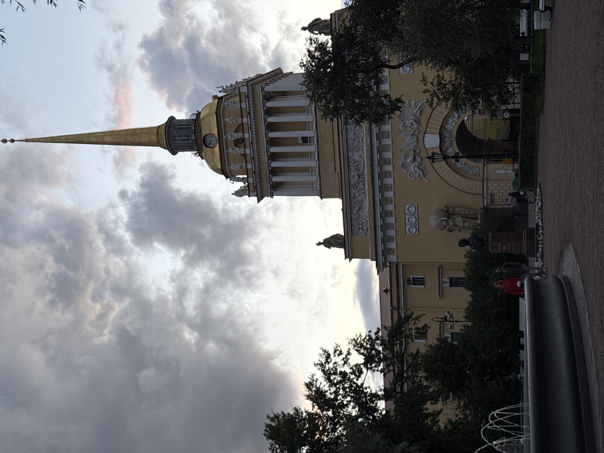 Saint Petersburg's Admiralty spire under a stormy evening sky