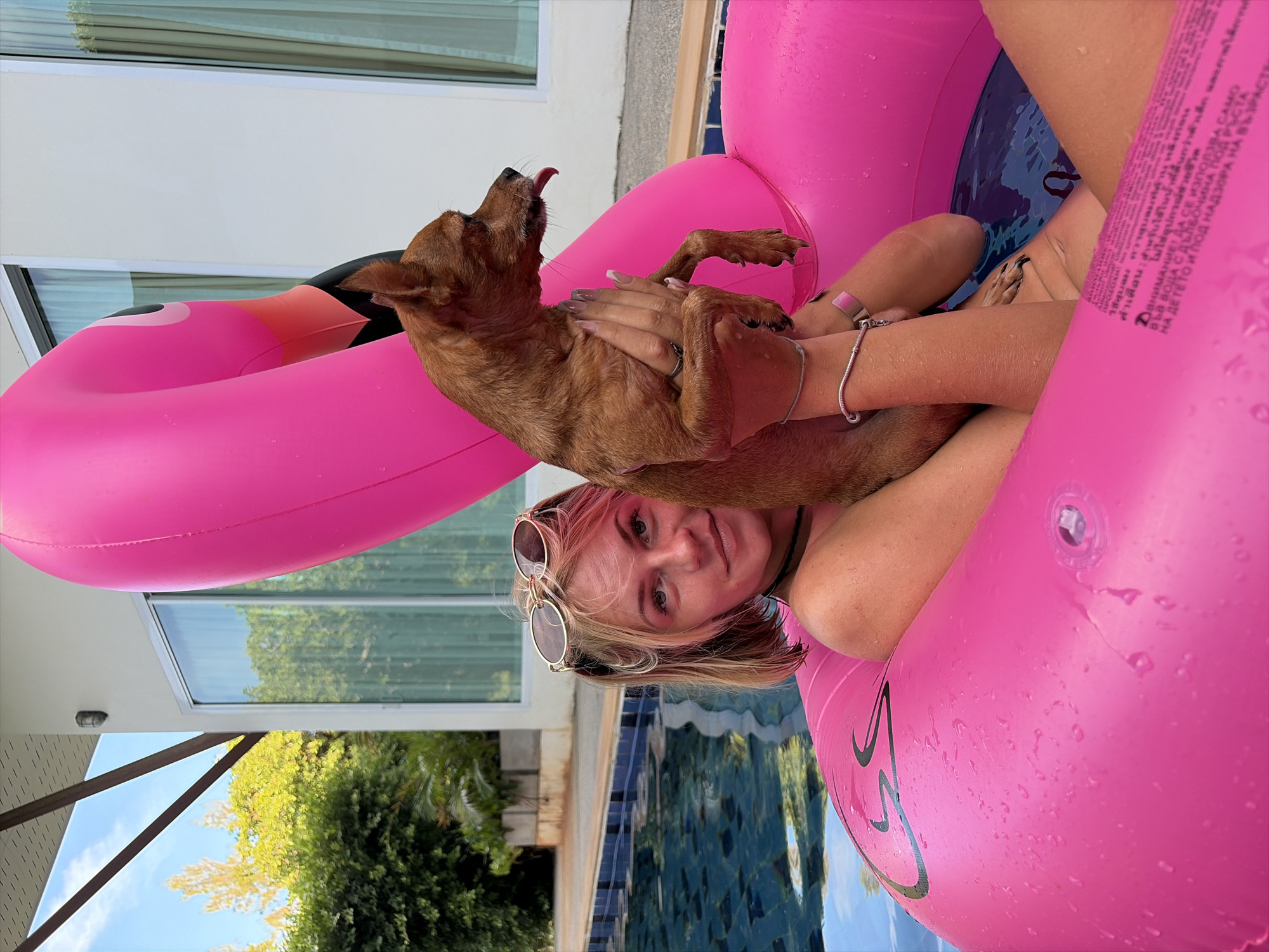 Pool float session with a small dog, Baan Plai Laem