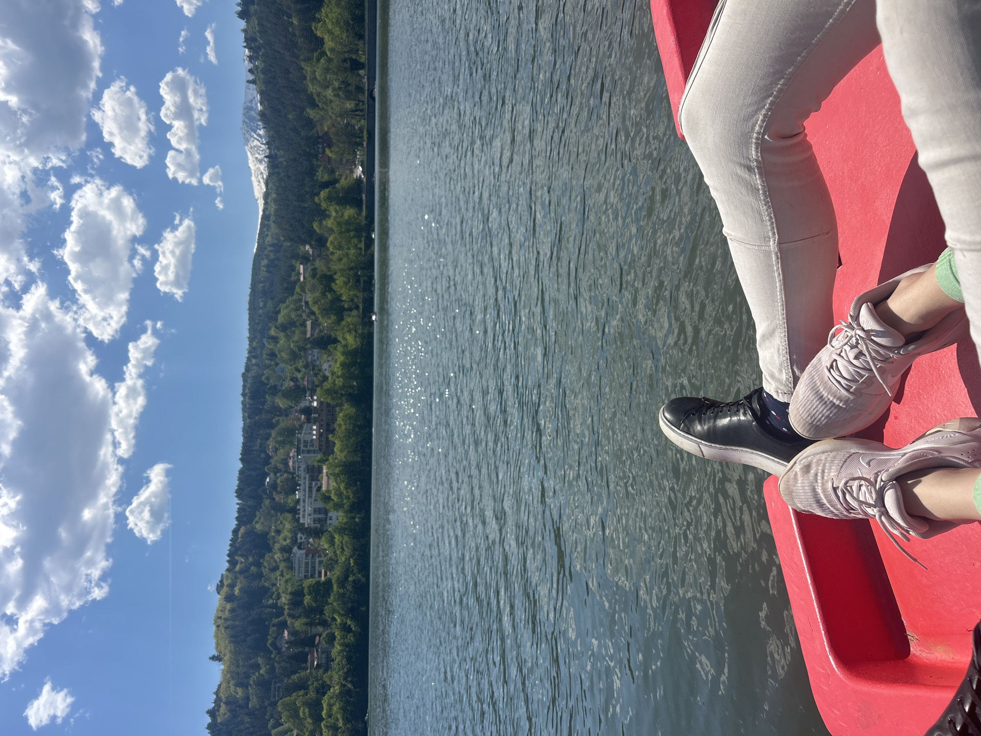 Red pedal boat spotted on calm Lake Pancharevo waters