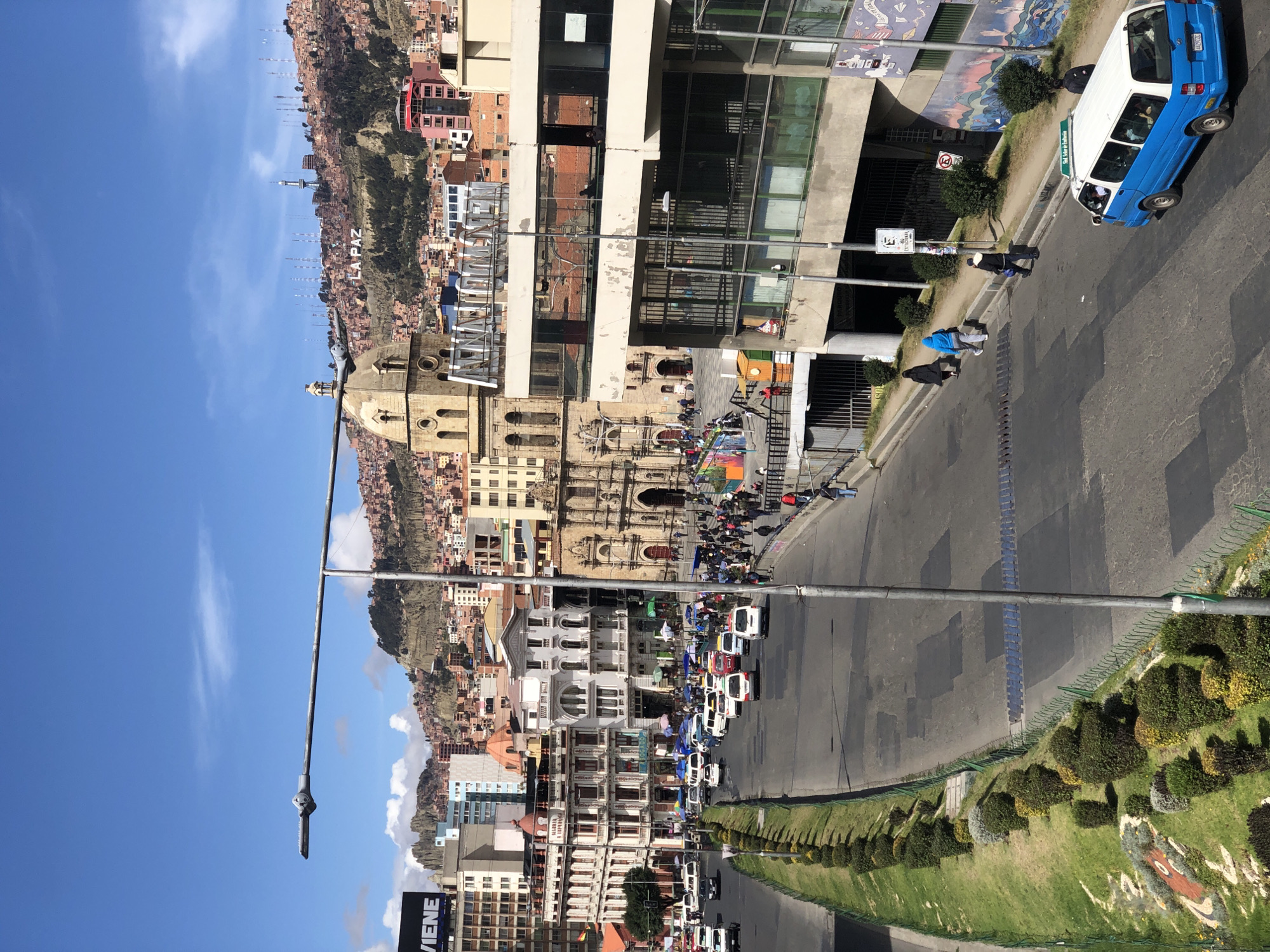 Clear skies over bustling La Paz street scene