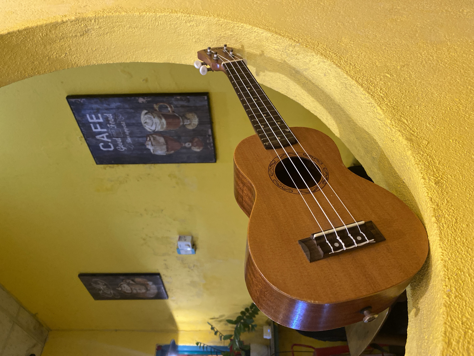 Ukulele décor and wrap dishes at a Đà Nẵng café